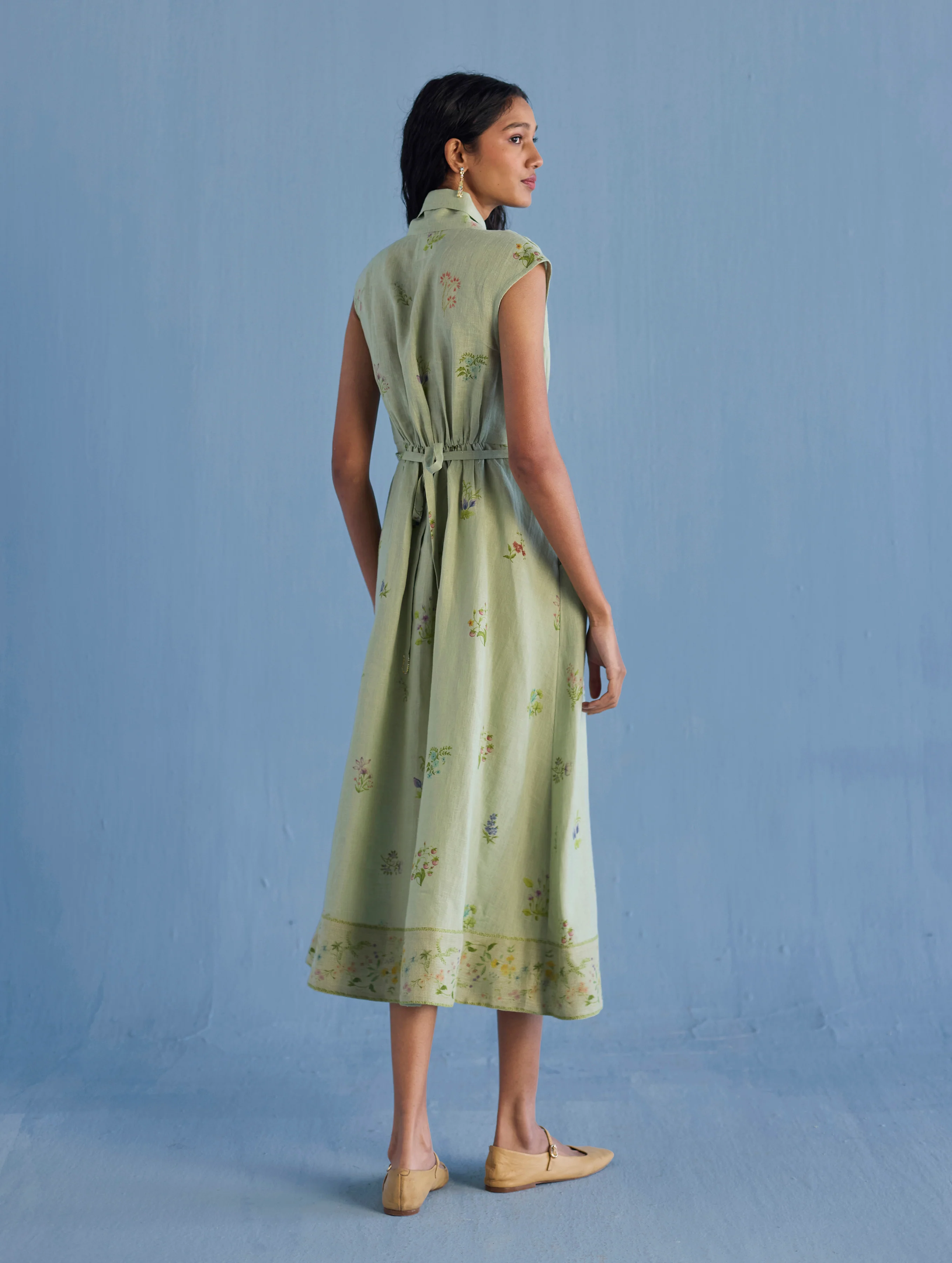 Mema Shawl Collar Printed Linen Dress - Mint - Image 6