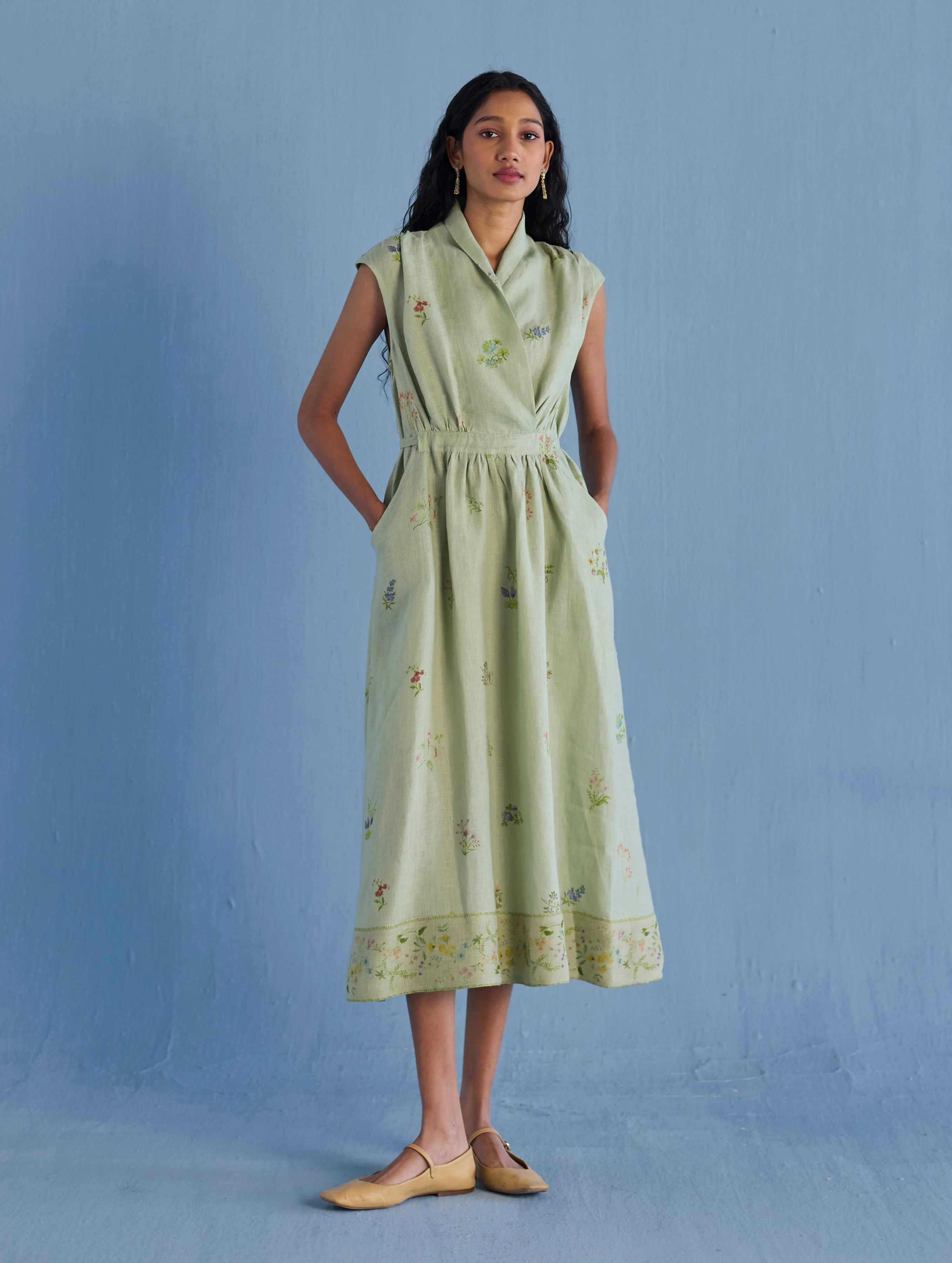 Mema Shawl Collar Printed Linen Dress - Mint - Image 8