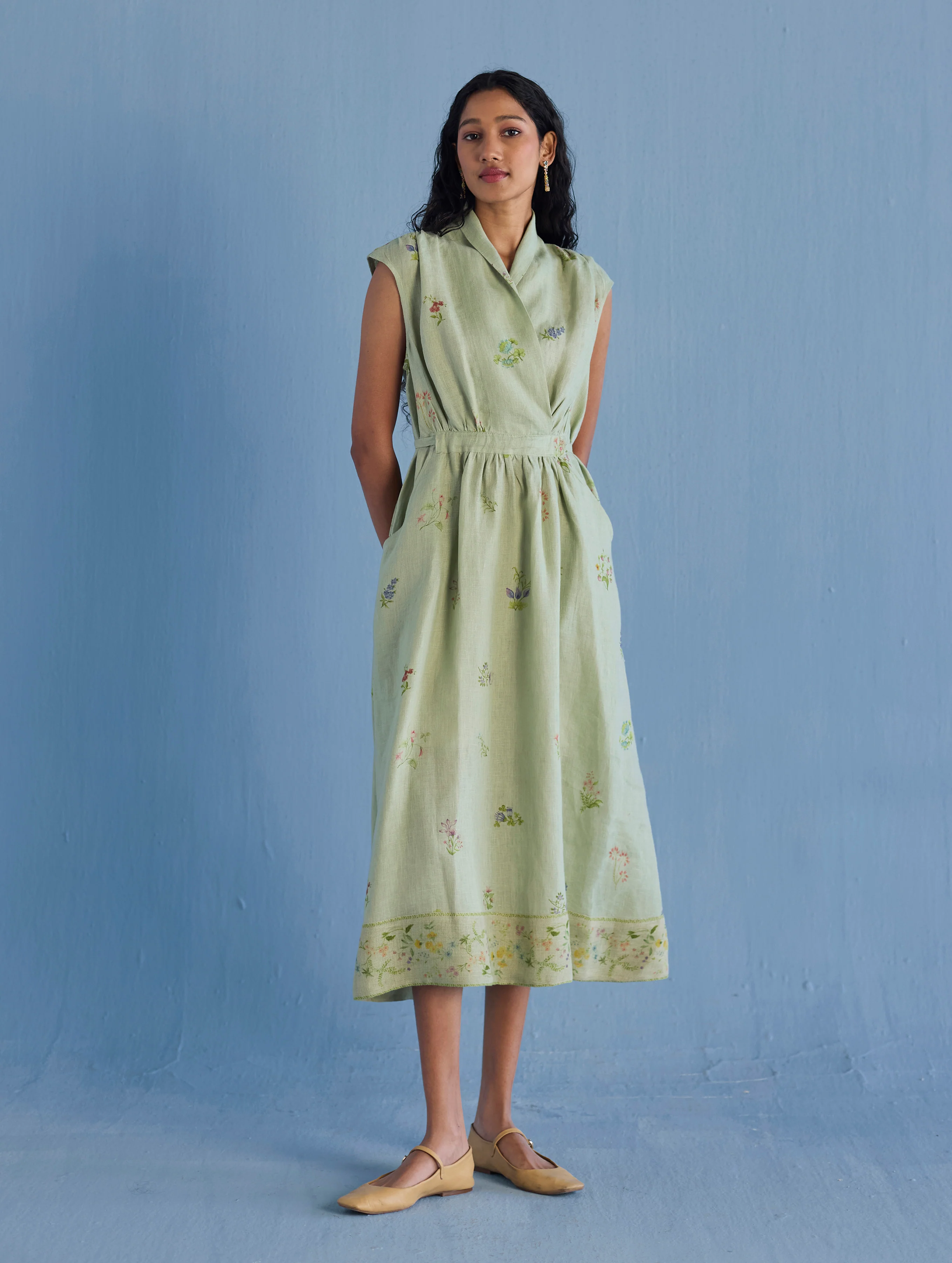 Mema Shawl Collar Printed Linen Dress - Mint - Image 9