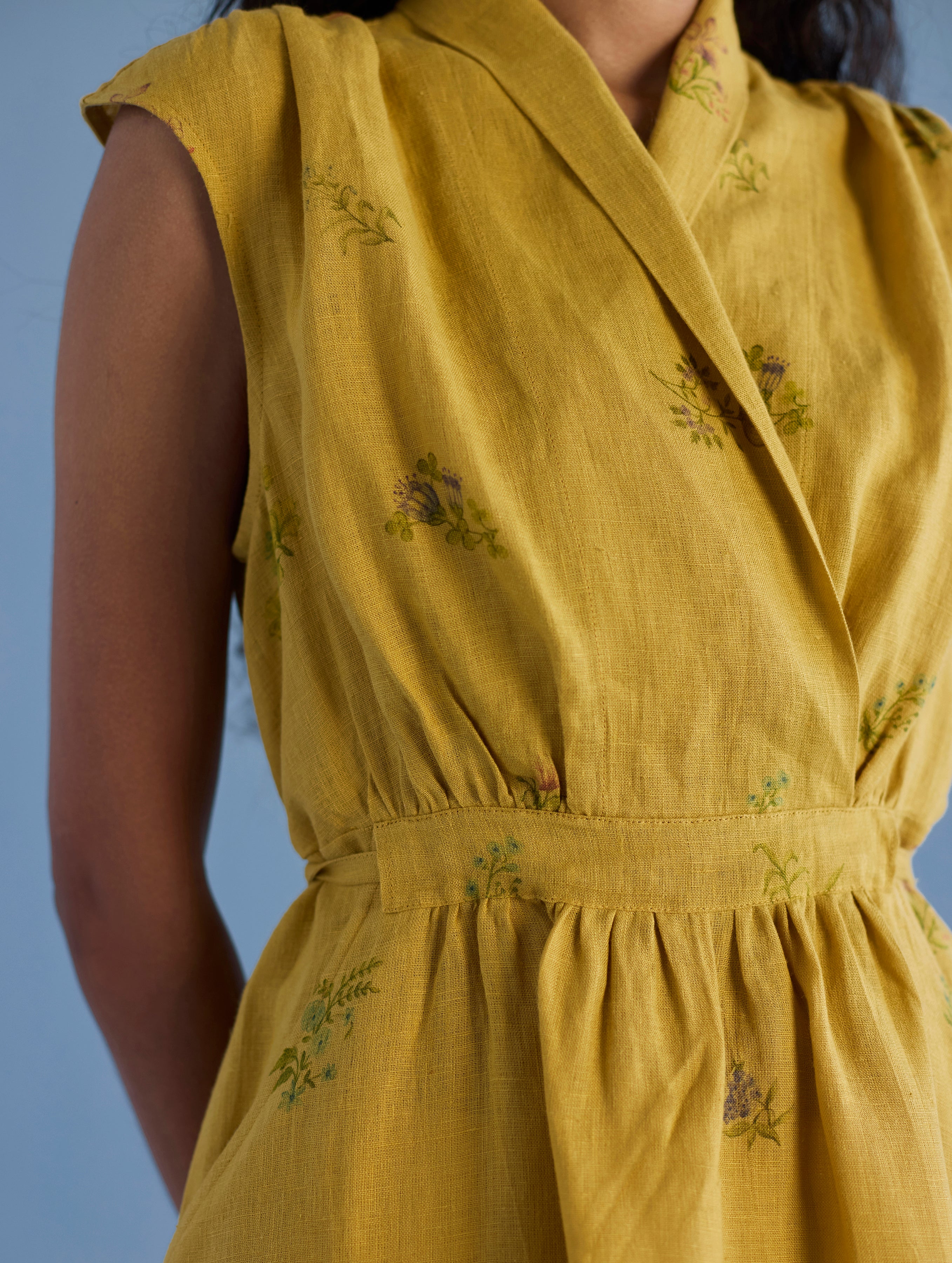 Mema Shawl Collar Printed Linen Dress - Ochre - Image 2