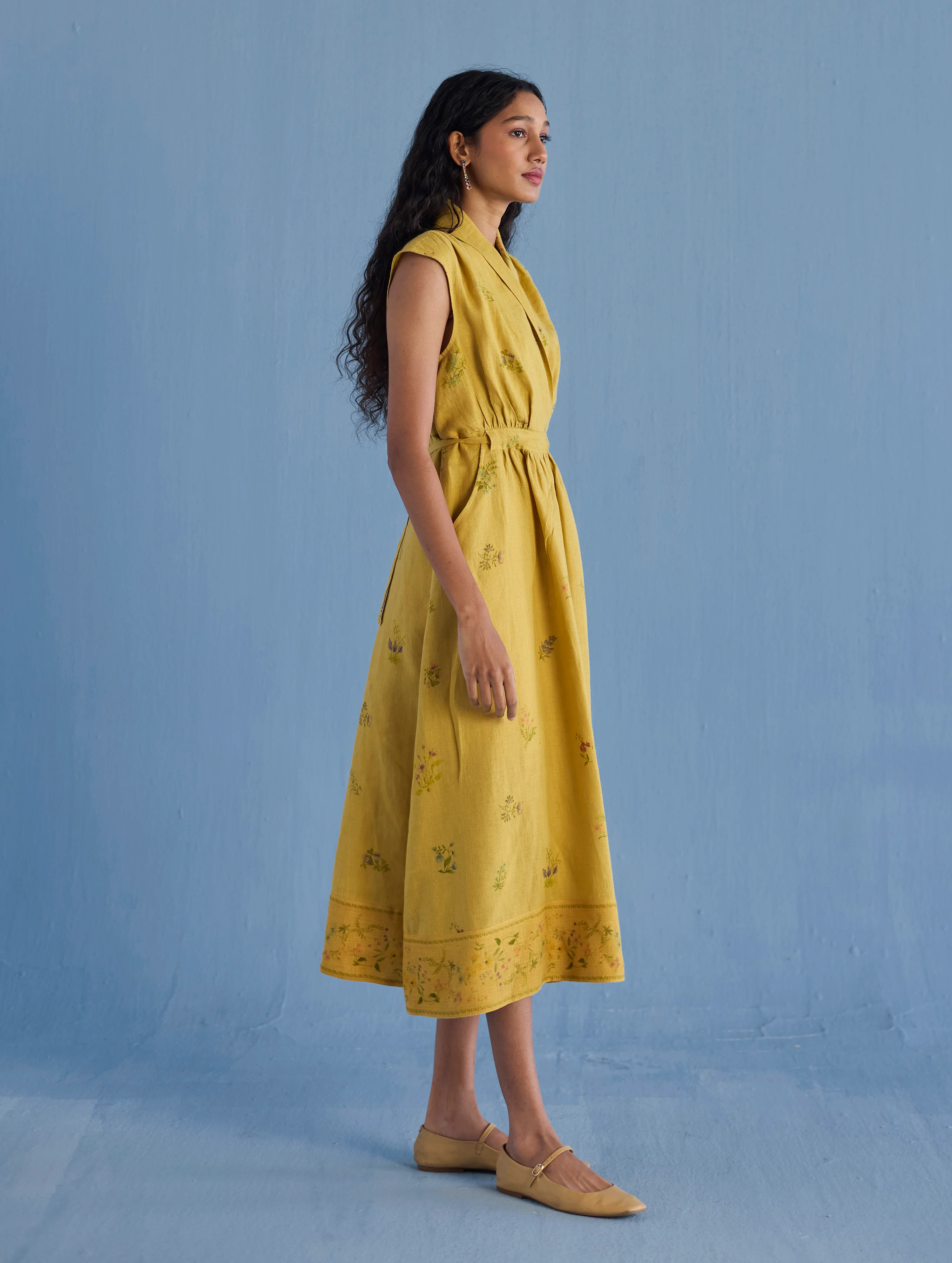 Mema Shawl Collar Printed Linen Dress - Ochre - Image 3