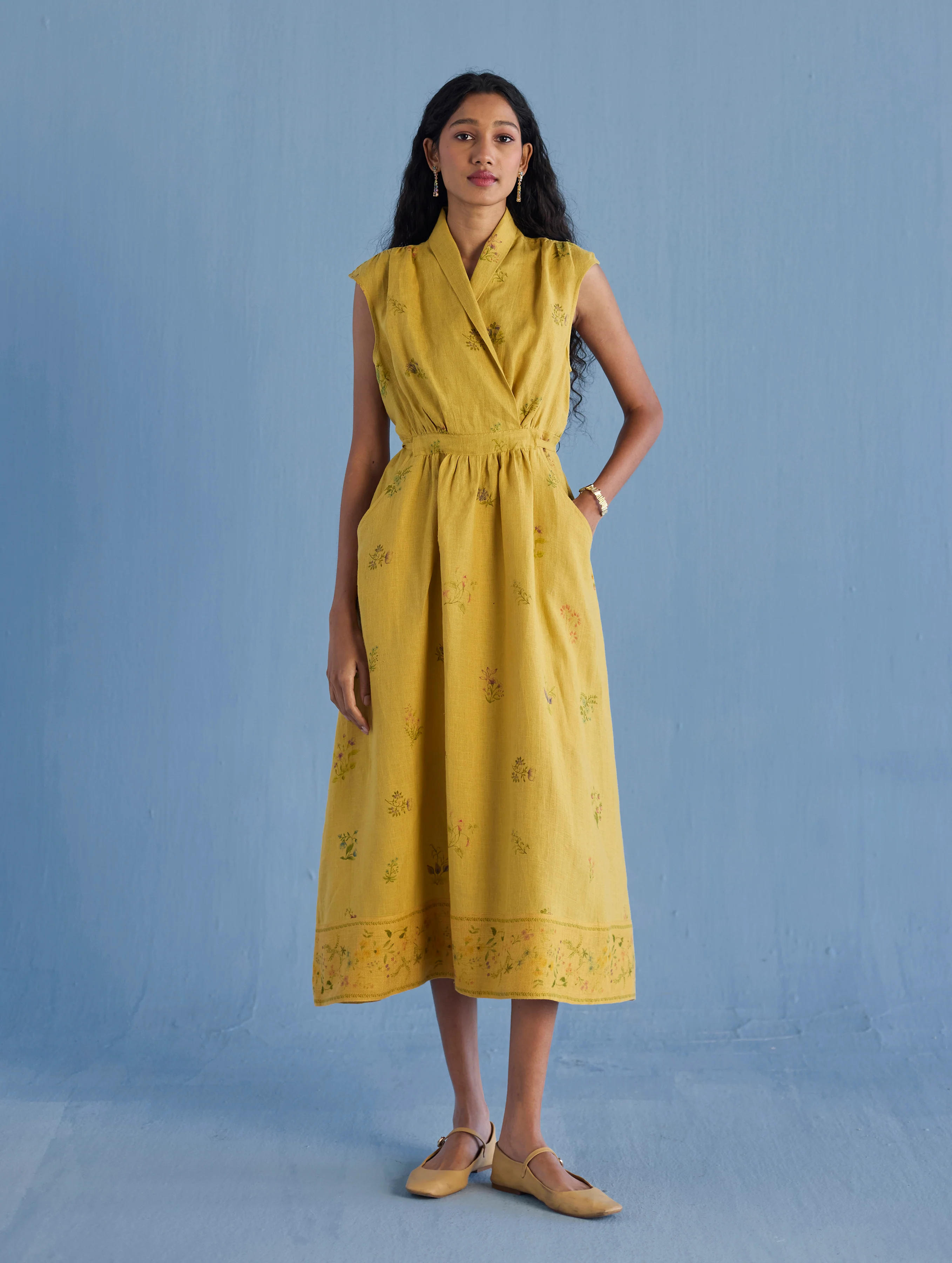 Mema Shawl Collar Printed Linen Dress - Ochre - Image 4