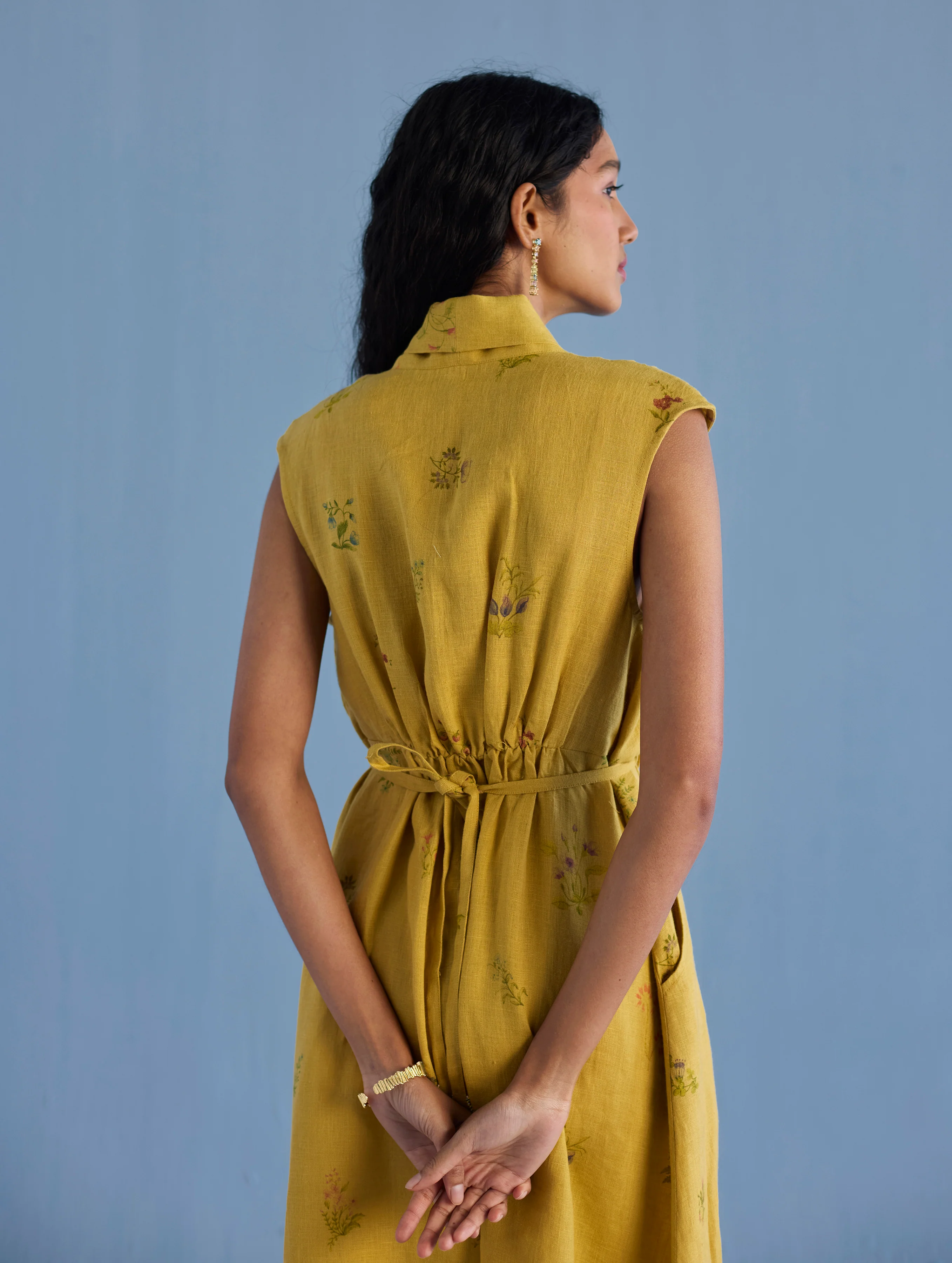 Mema Shawl Collar Printed Linen Dress - Ochre - Image 5