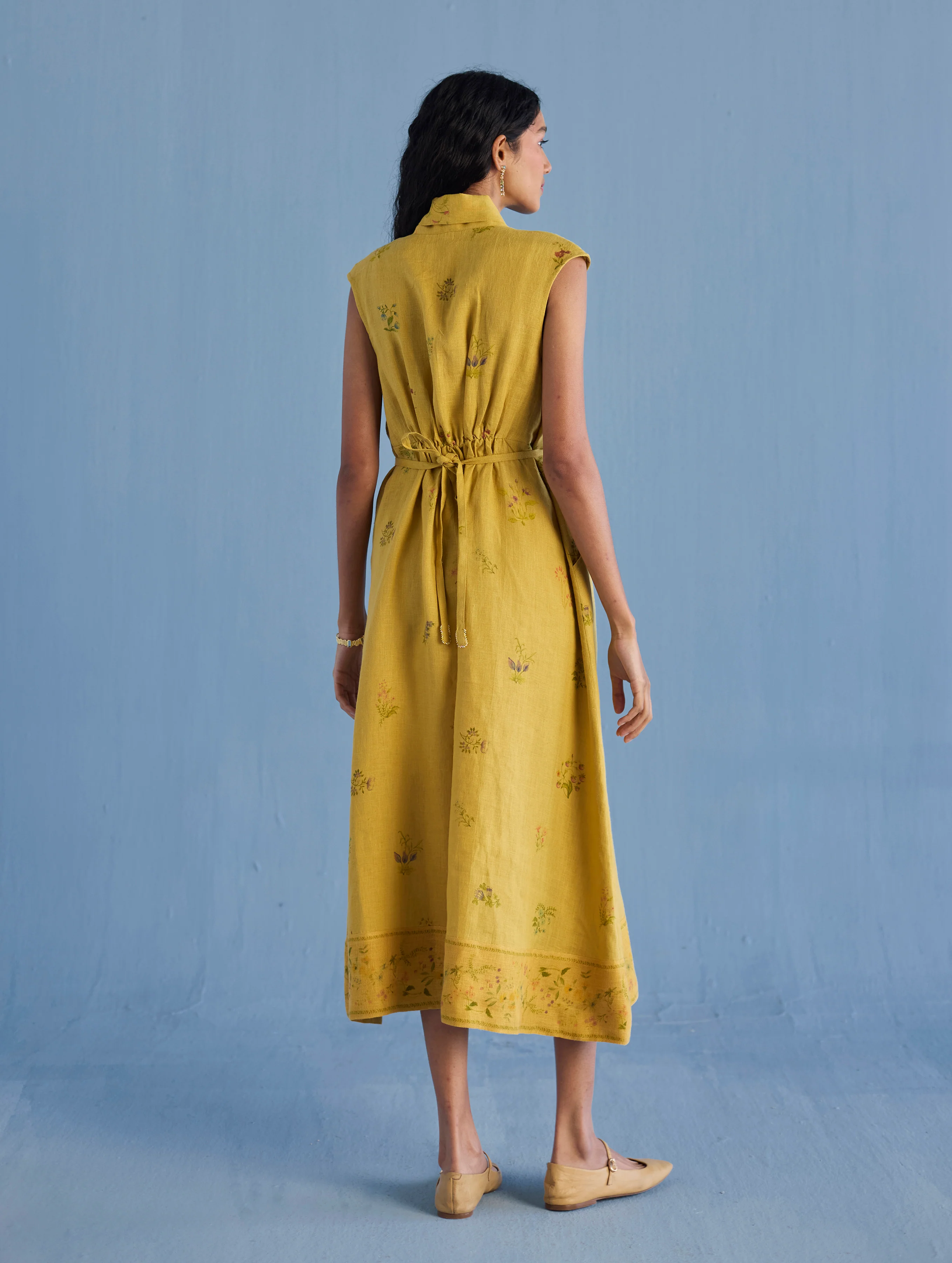 Mema Shawl Collar Printed Linen Dress - Ochre - Image 6