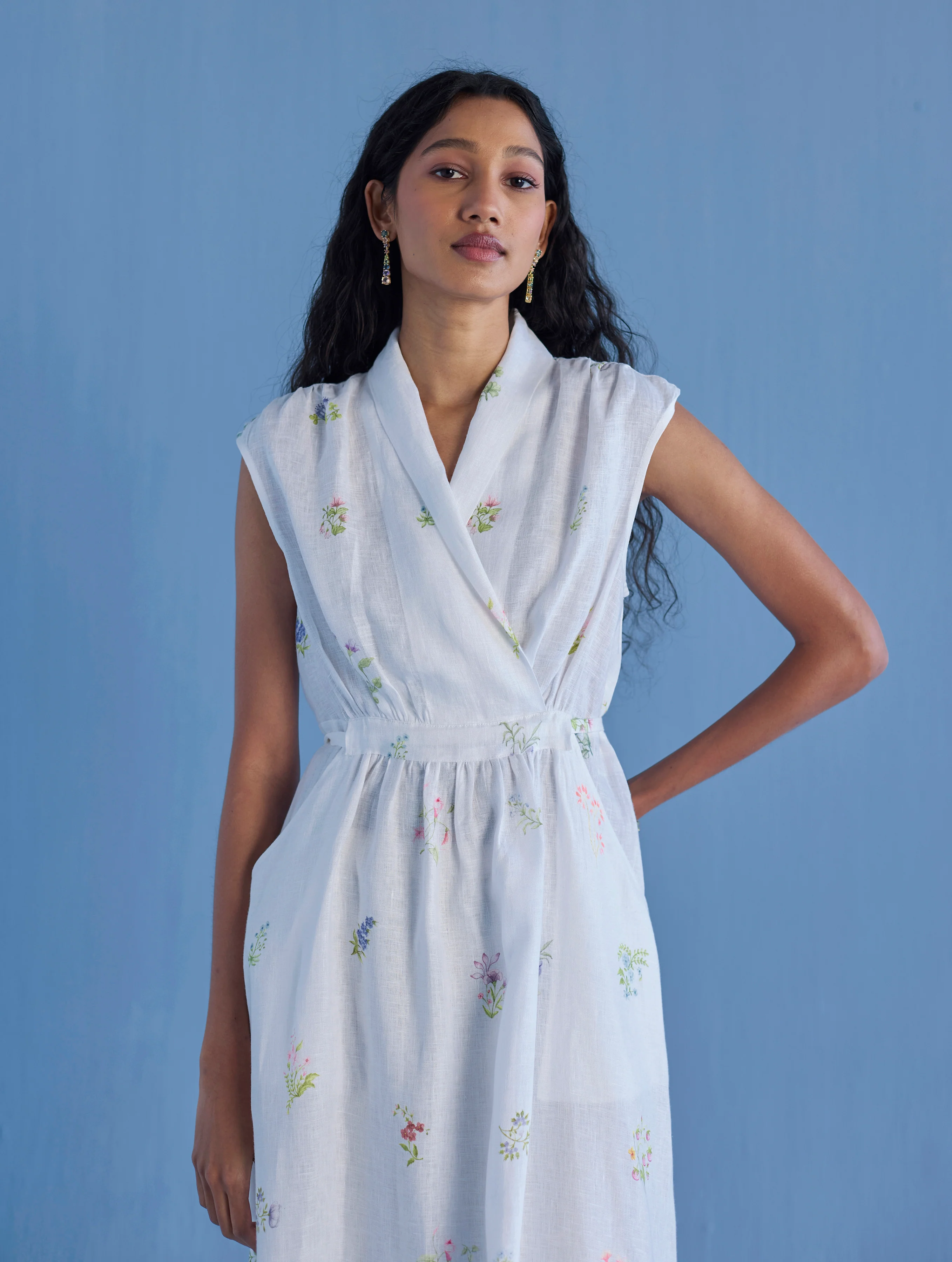 Mema Shawl Collar Printed Linen Dress - White - Image 2