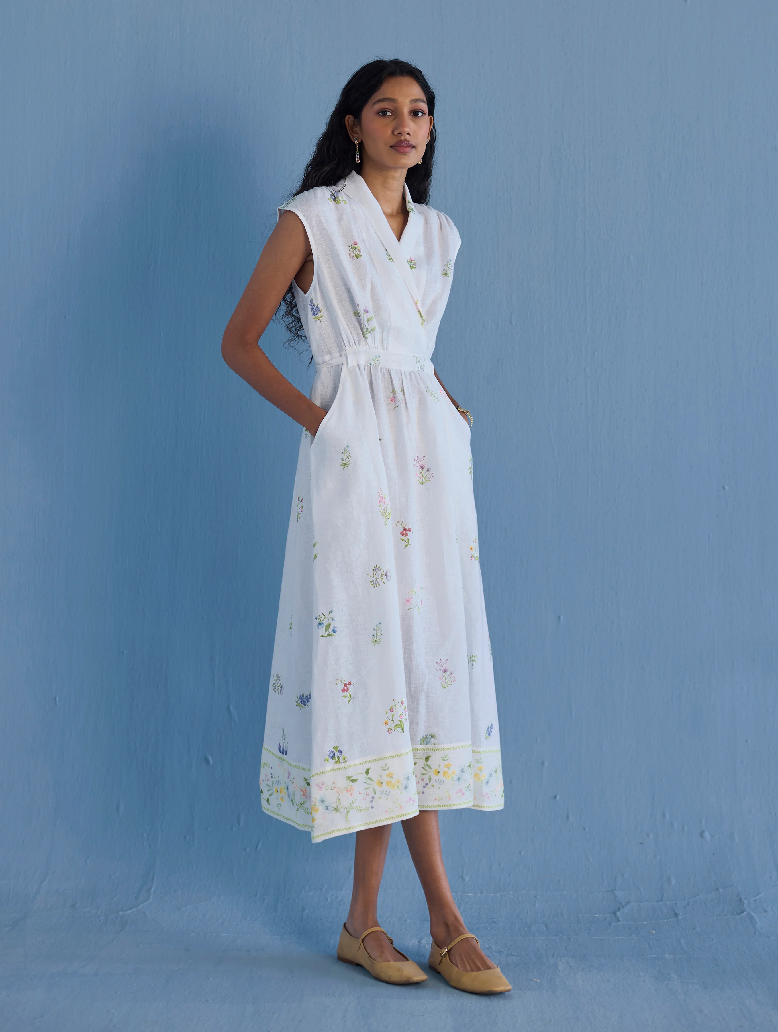 Mema Shawl Collar Printed Linen Dress - White - Image 3