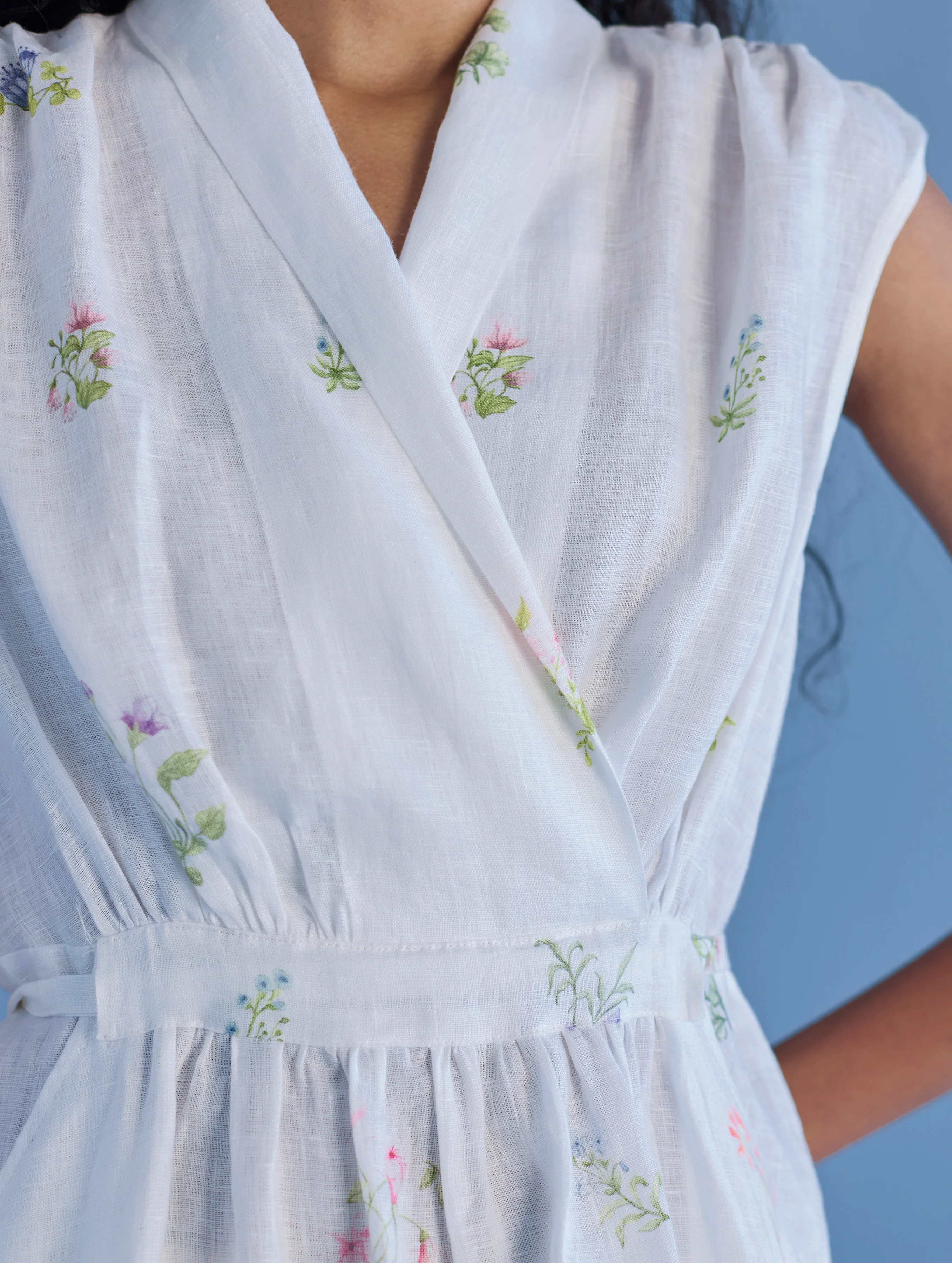 Mema Shawl Collar Printed Linen Dress - White - Image 4