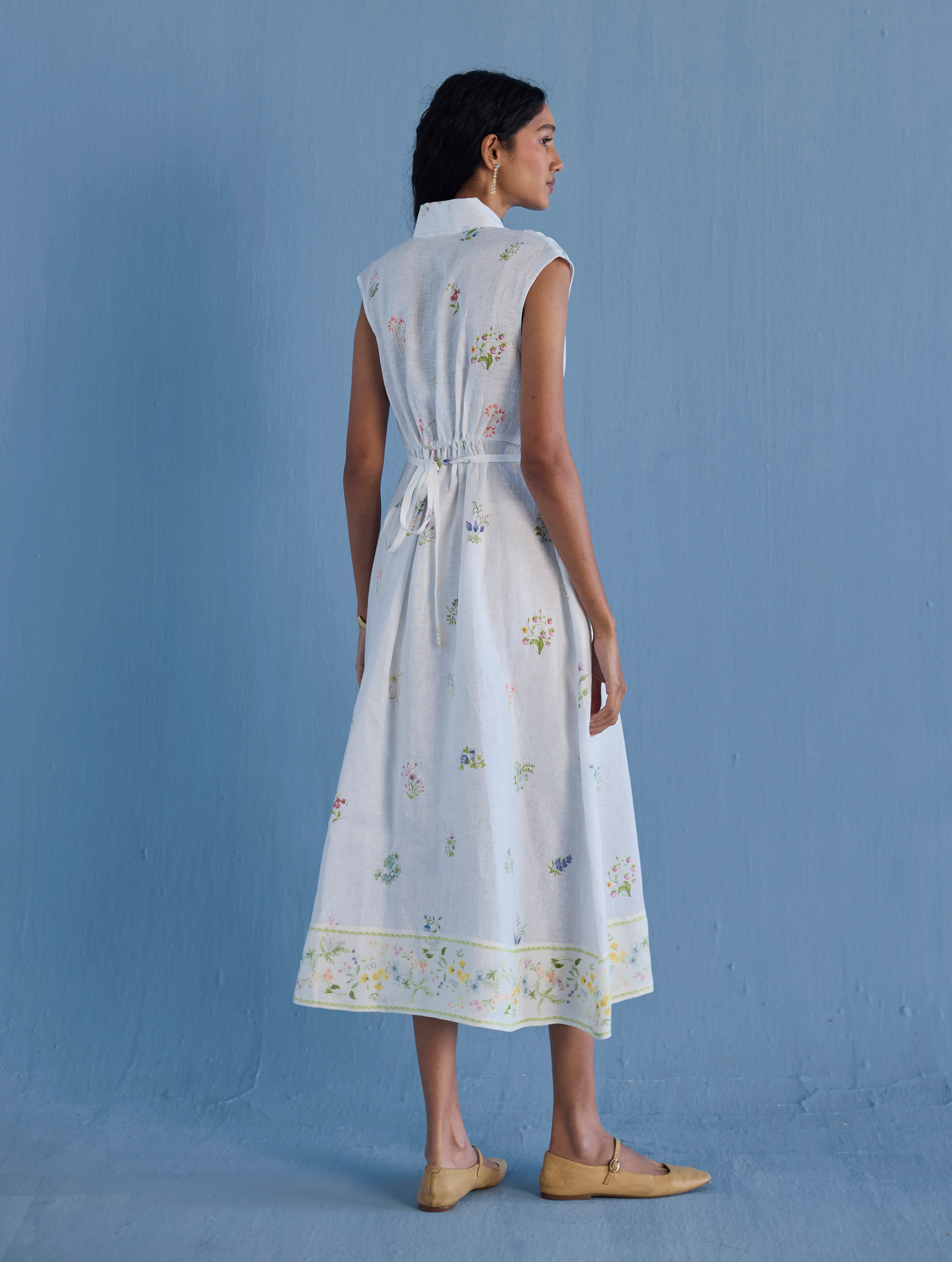 Mema Shawl Collar Printed Linen Dress - White - Image 5