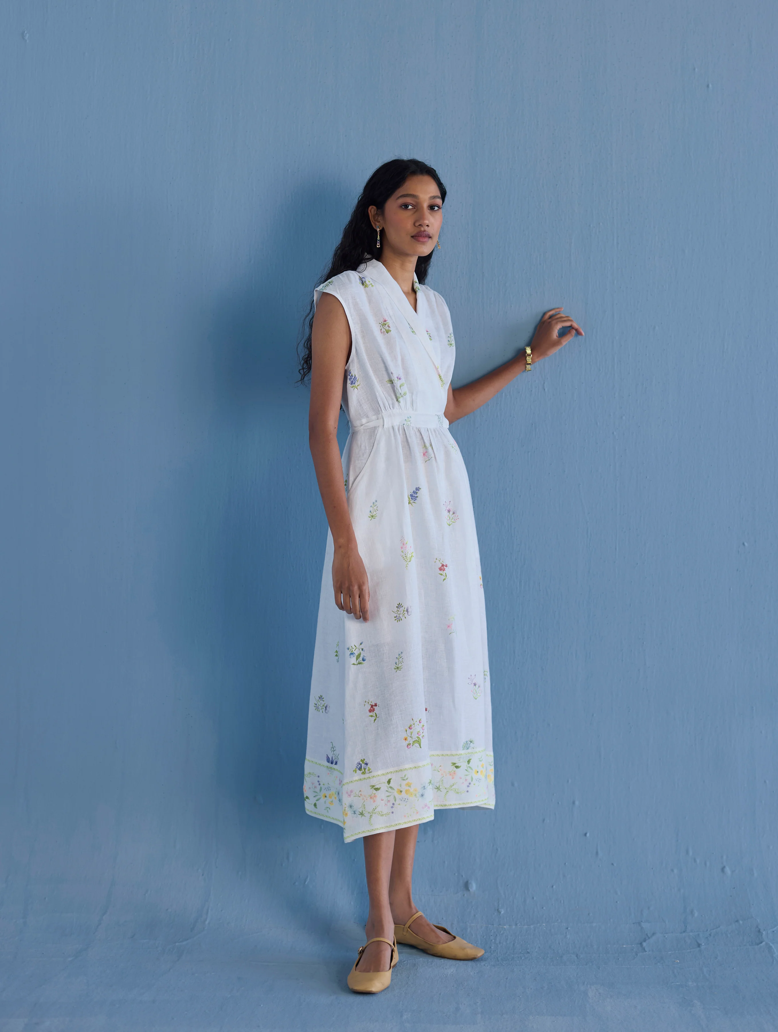 Mema Shawl Collar Printed Linen Dress - White - Image 6