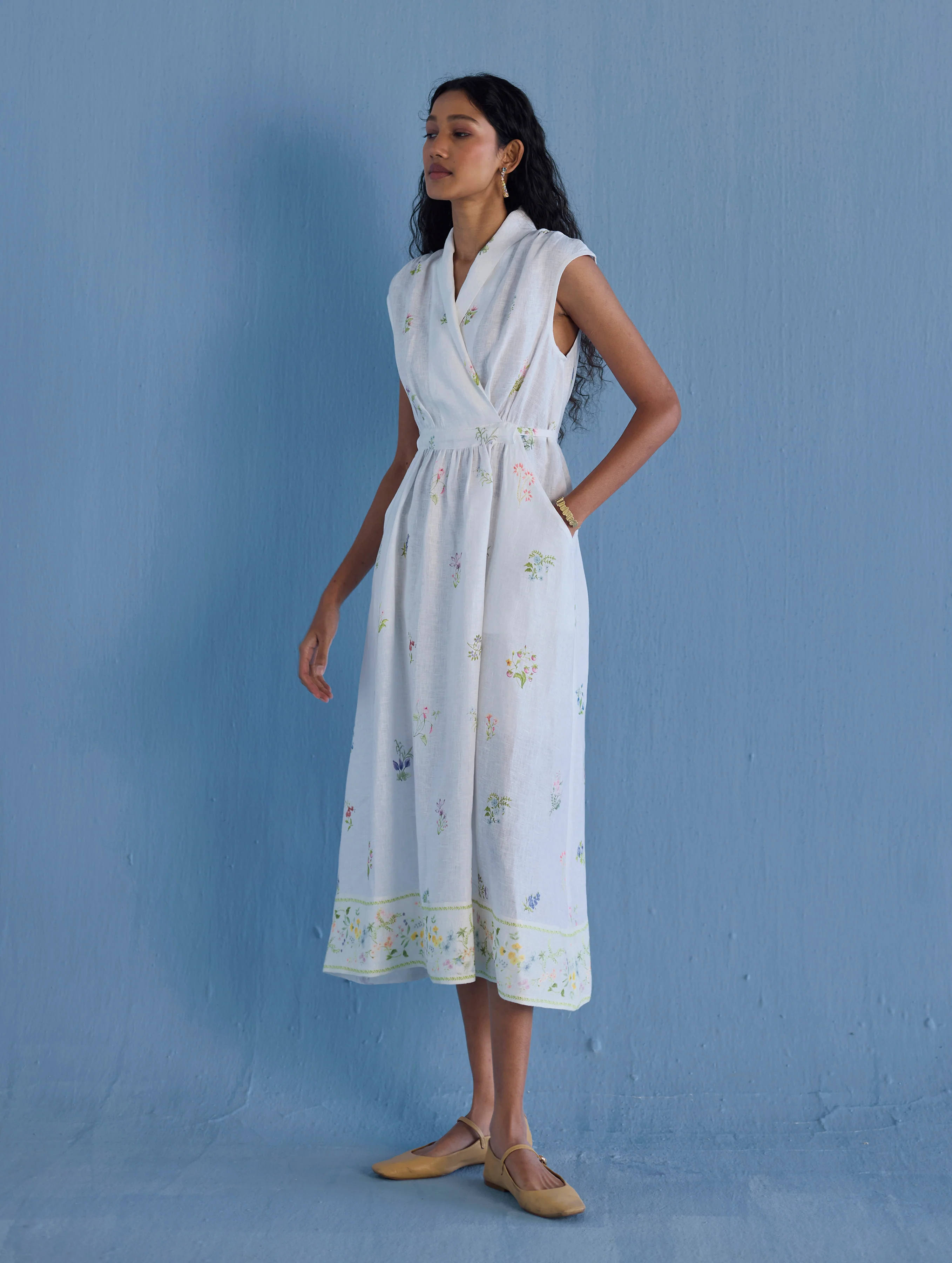 Mema Shawl Collar Printed Linen Dress - White - Image 7