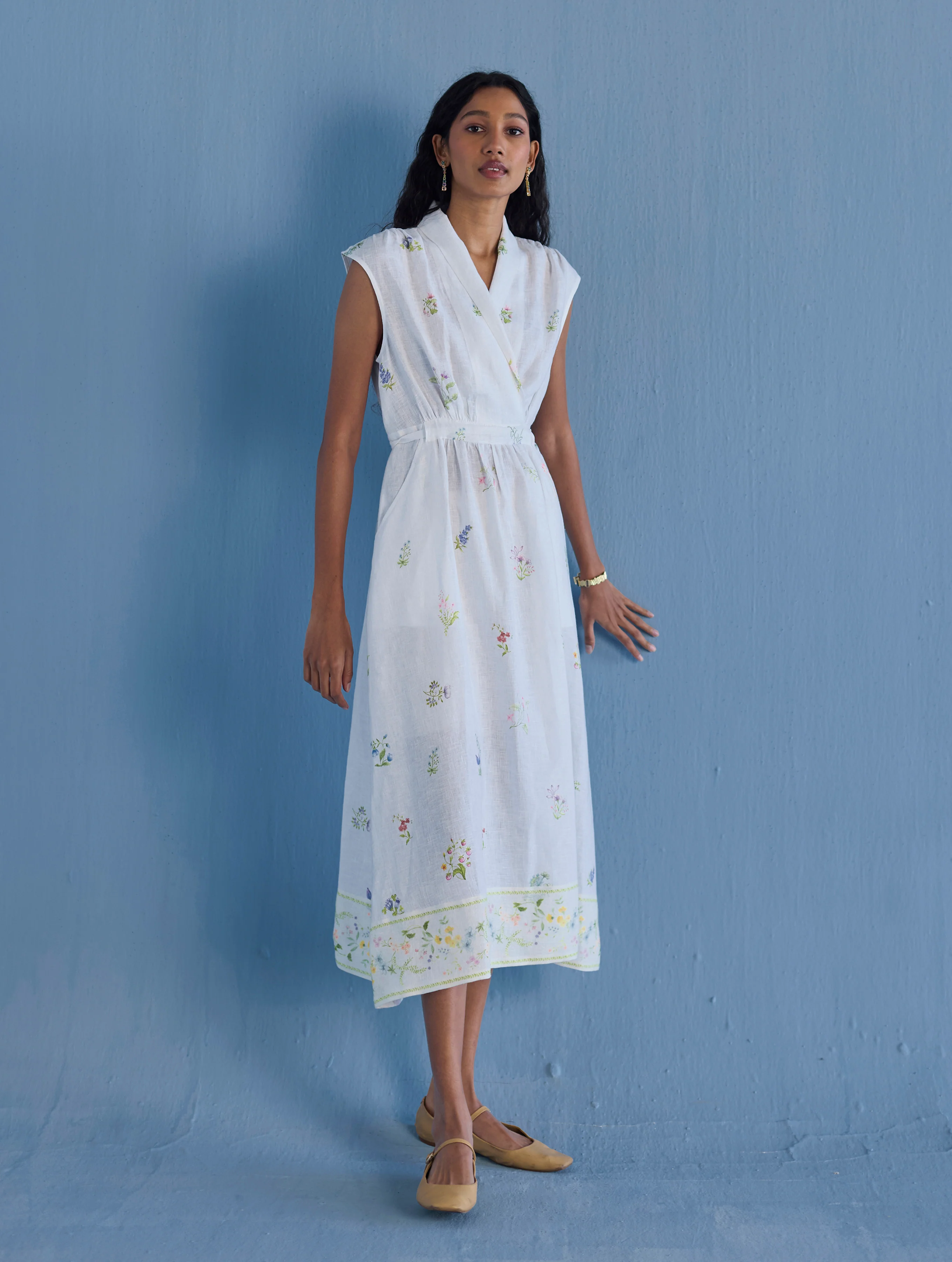 Mema Shawl Collar Printed Linen Dress - White - Image 8