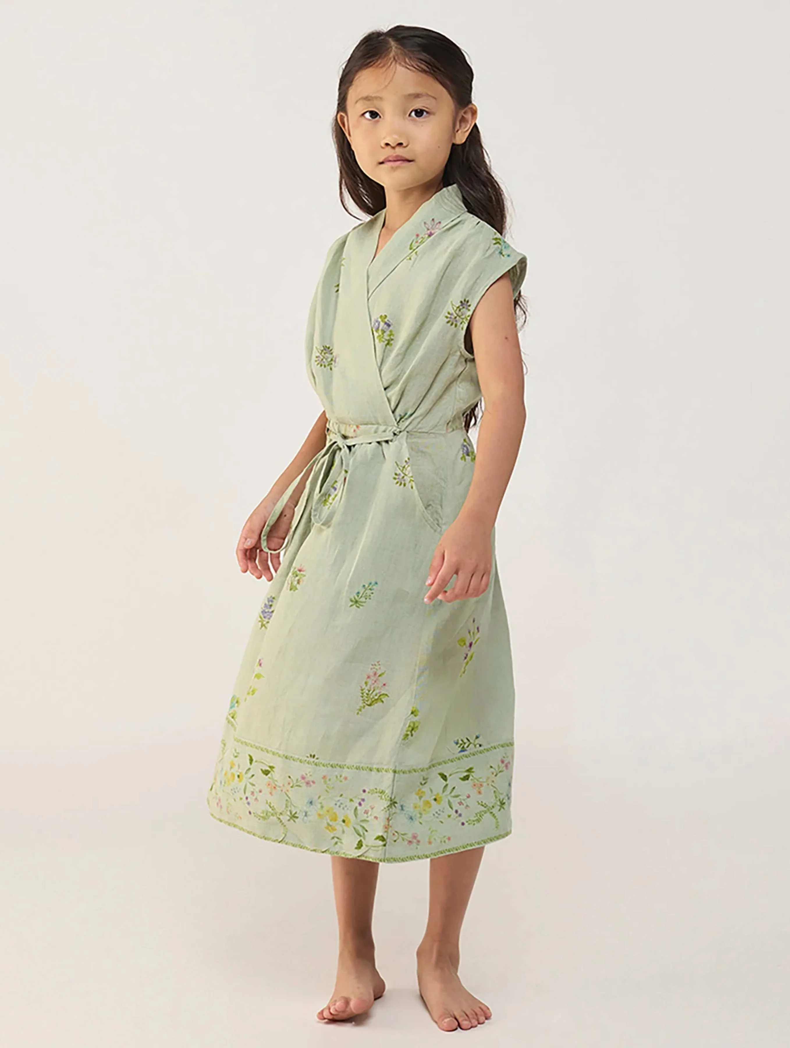 Mema Shawl Printed Collar Linen Dress - Mint