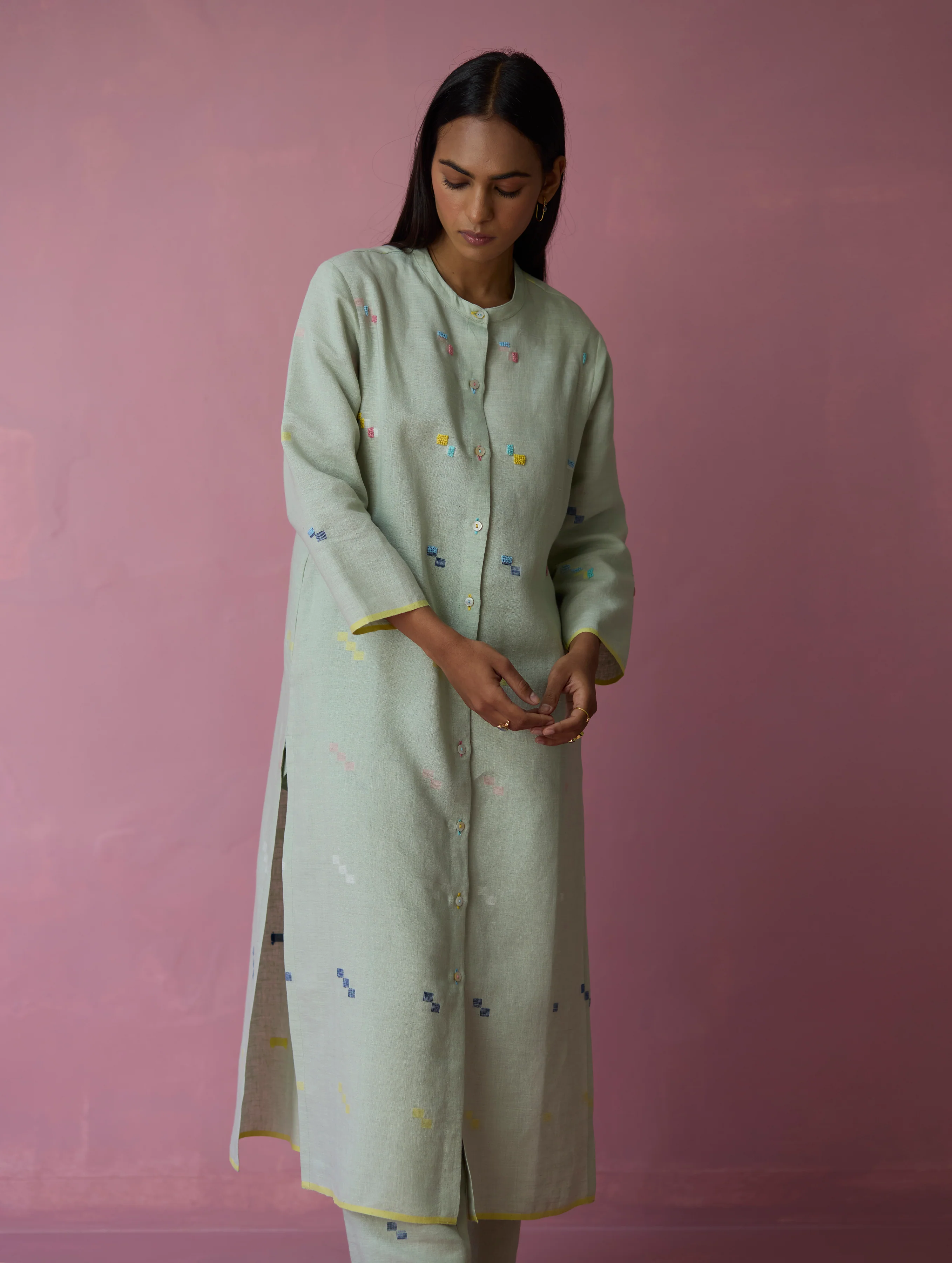 Miel Hand-Embroidered Jamdani Linen Kurta Set - Aqua - Image 10
