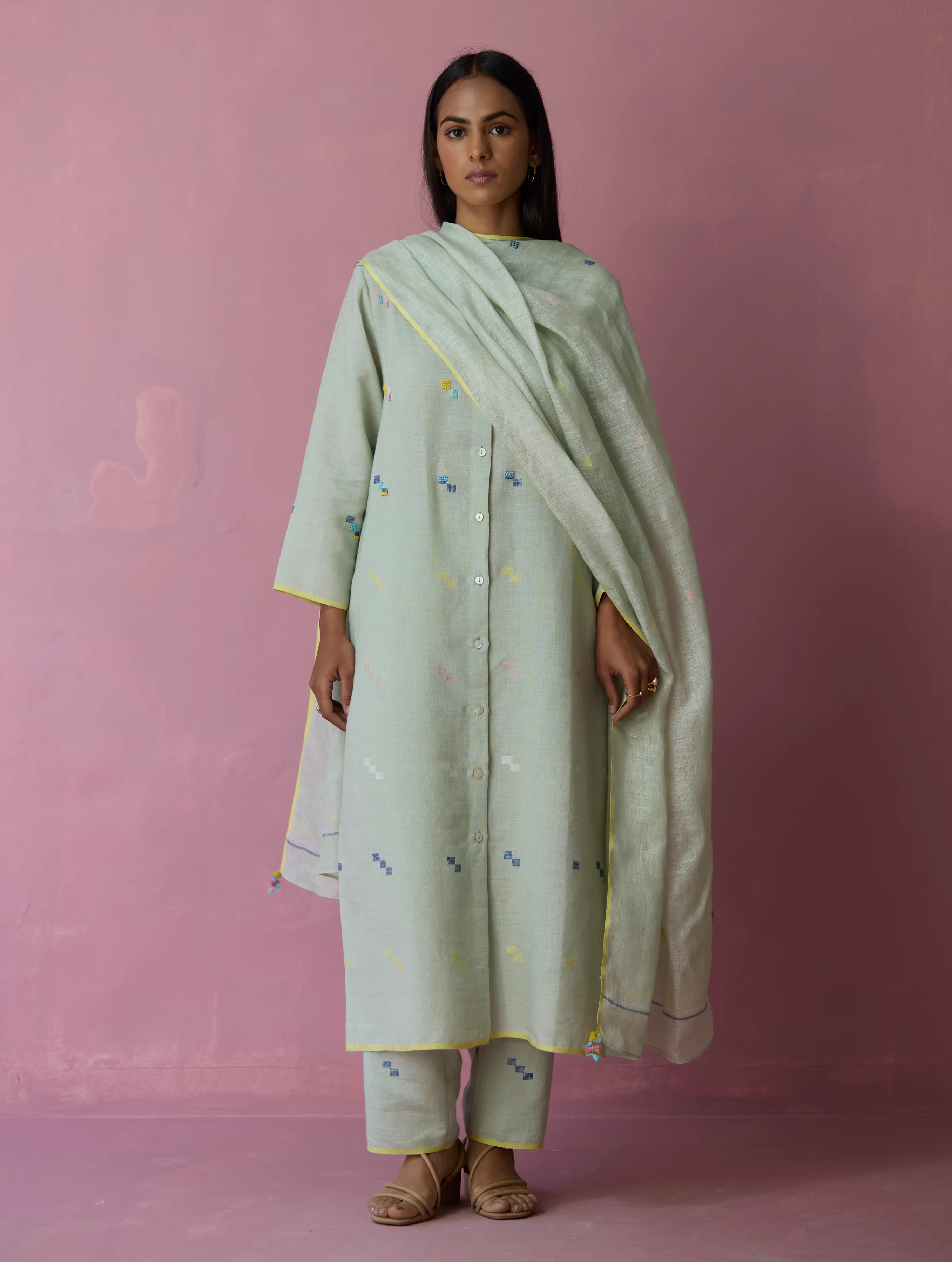 Miel Hand-Embroidered Jamdani Linen Kurta Set - Aqua - Image 11