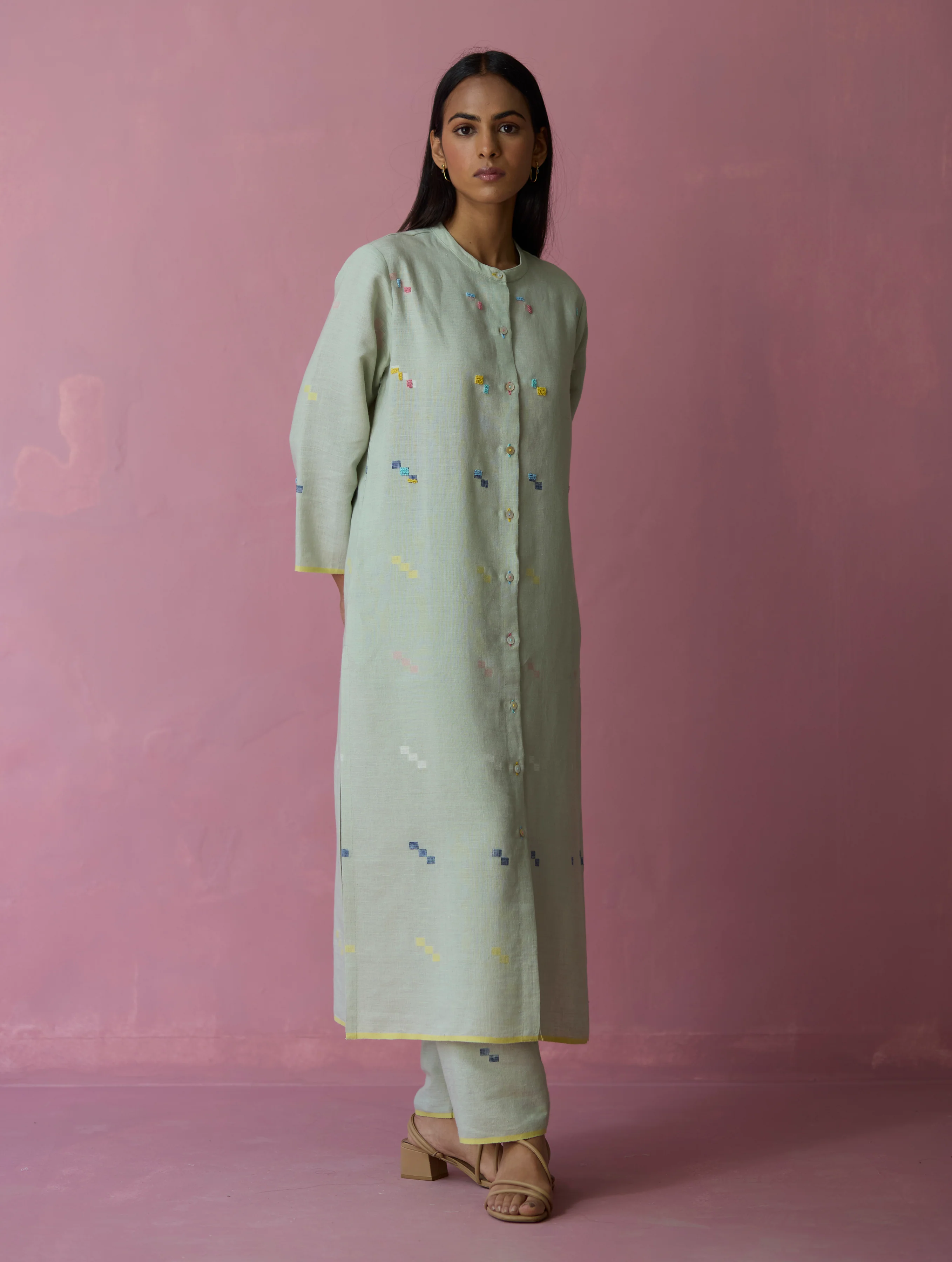 Miel Hand-Embroidered Jamdani Linen Kurta Set - Aqua - Image 13