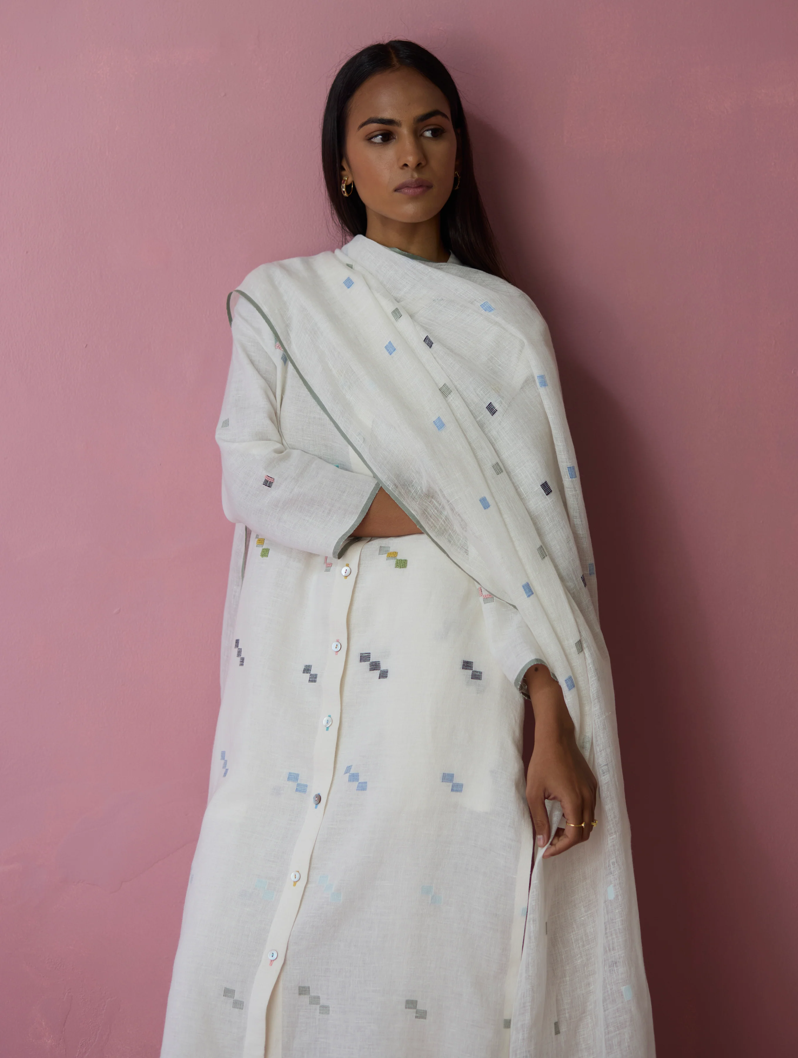 Miel Hand-Embroidered Jamdani Linen Kurta Set - Ivory