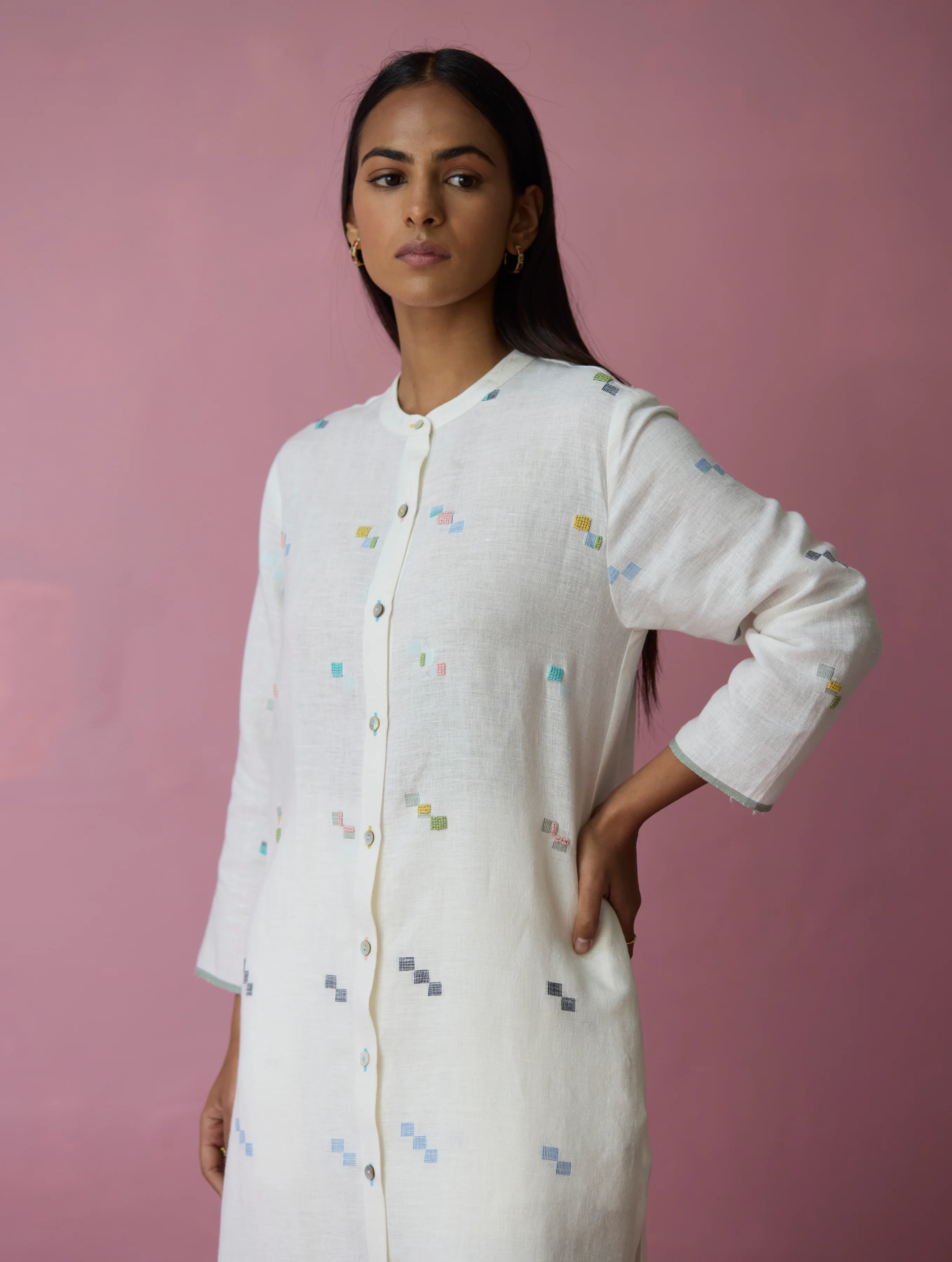Miel Hand-Embroidered Jamdani Linen Shirt Kurta - Ivory - Image 6