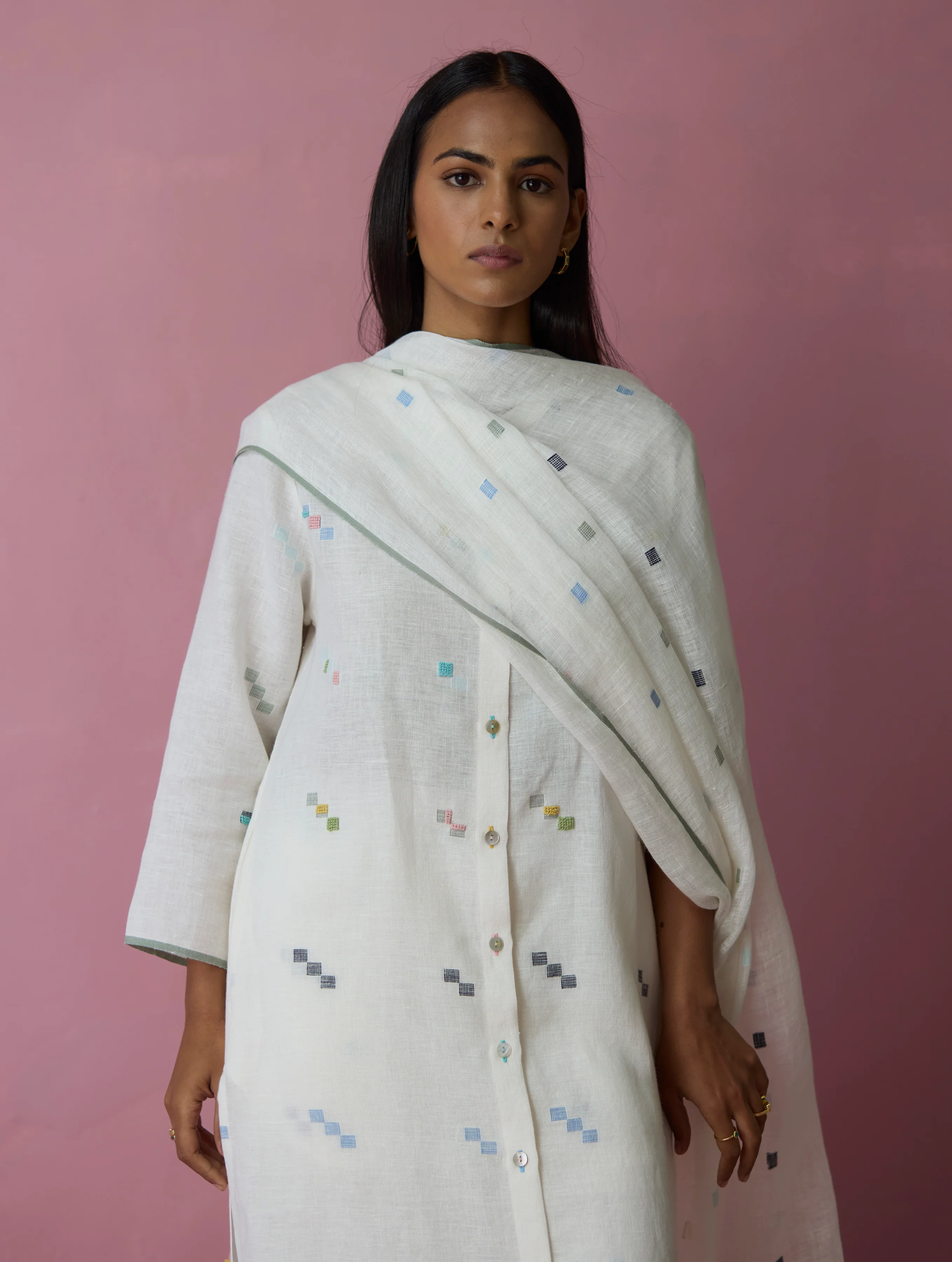 Miel Hand-Embroidered Jamdani Linen Kurta Set - Ivory - Image 8