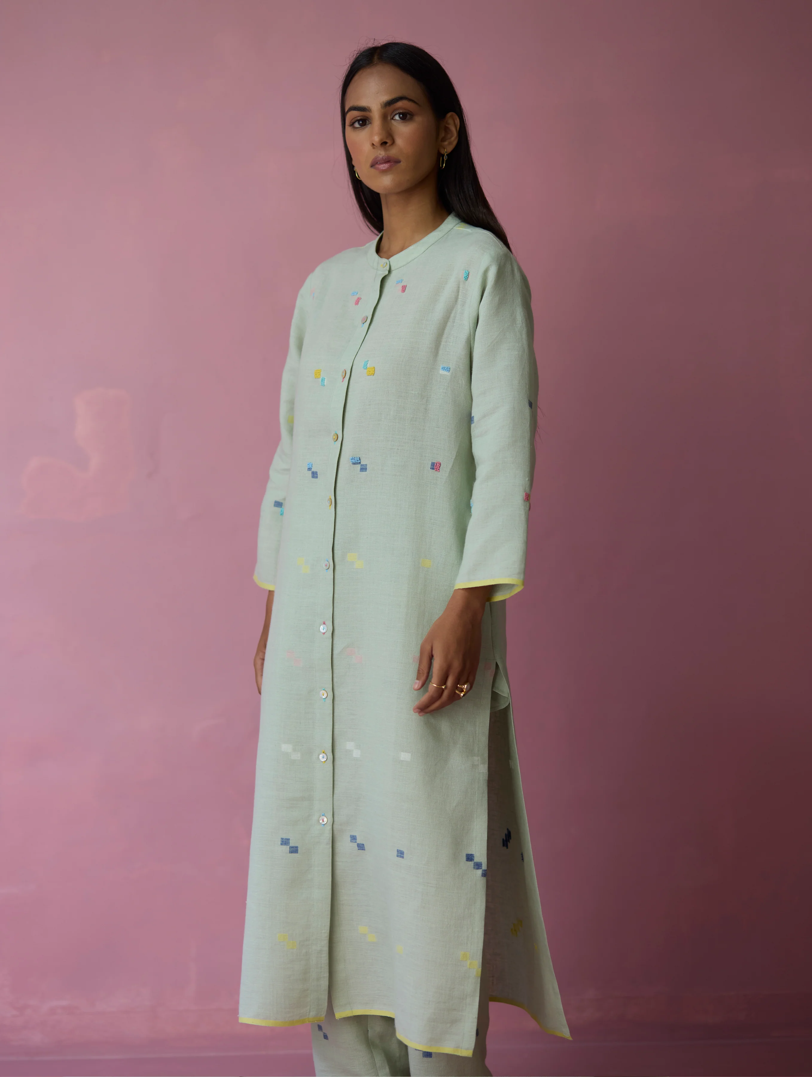 Miel Hand-Embroidered Jamdani Linen Shirt Kurta - Aqua - Image 7