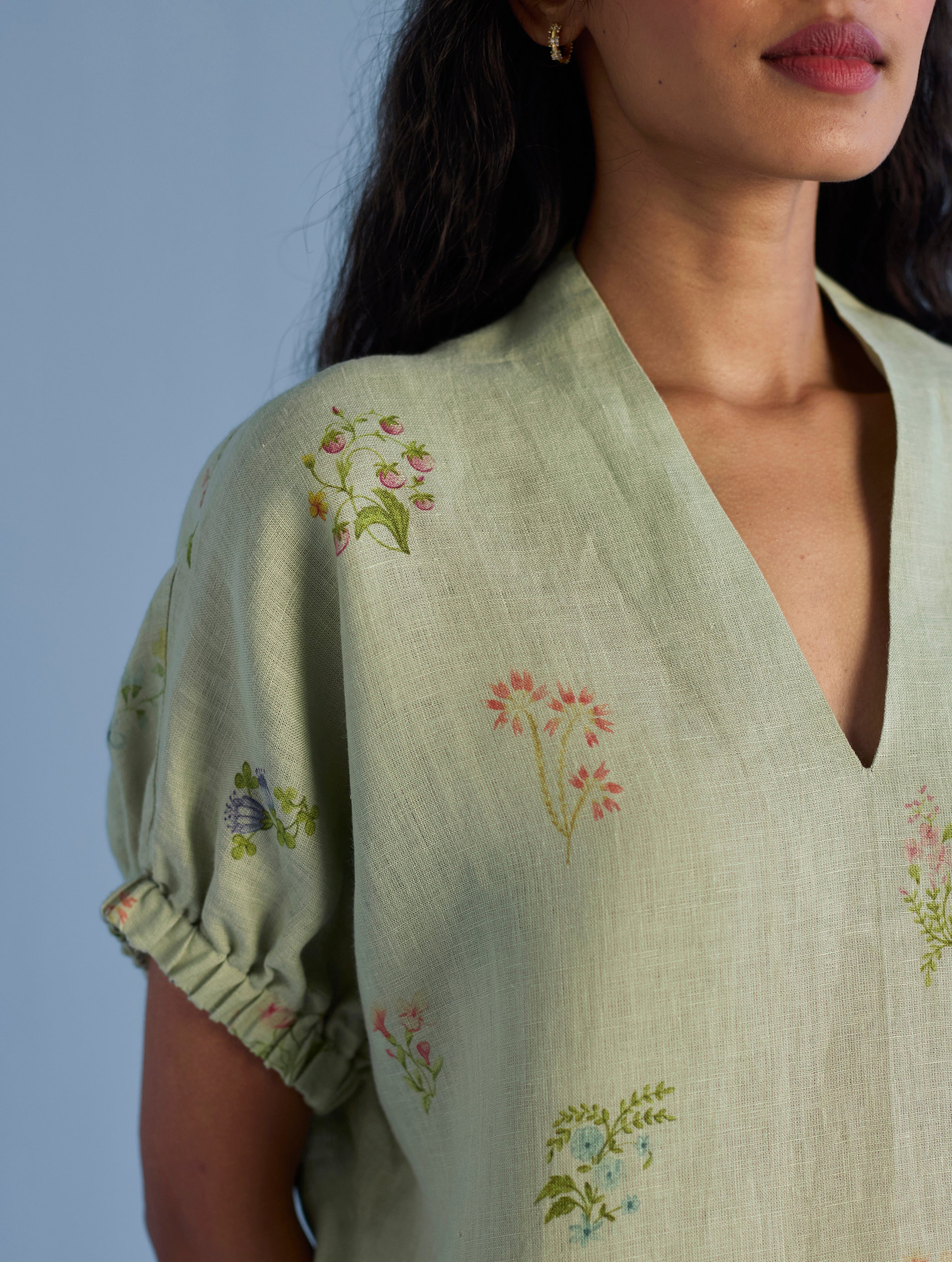 Mihen Elasticated Sleeve Linen Top - Mint - Image 2