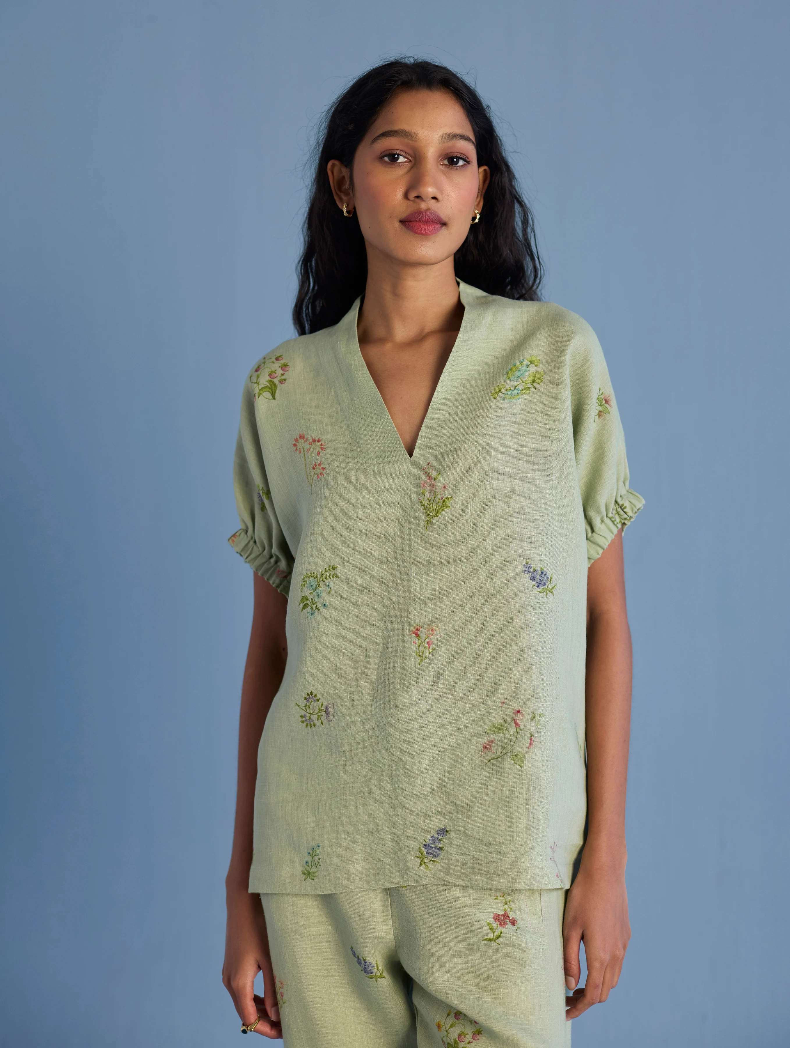 Mihen Elasticated Sleeve Linen Top - Mint - Image 3