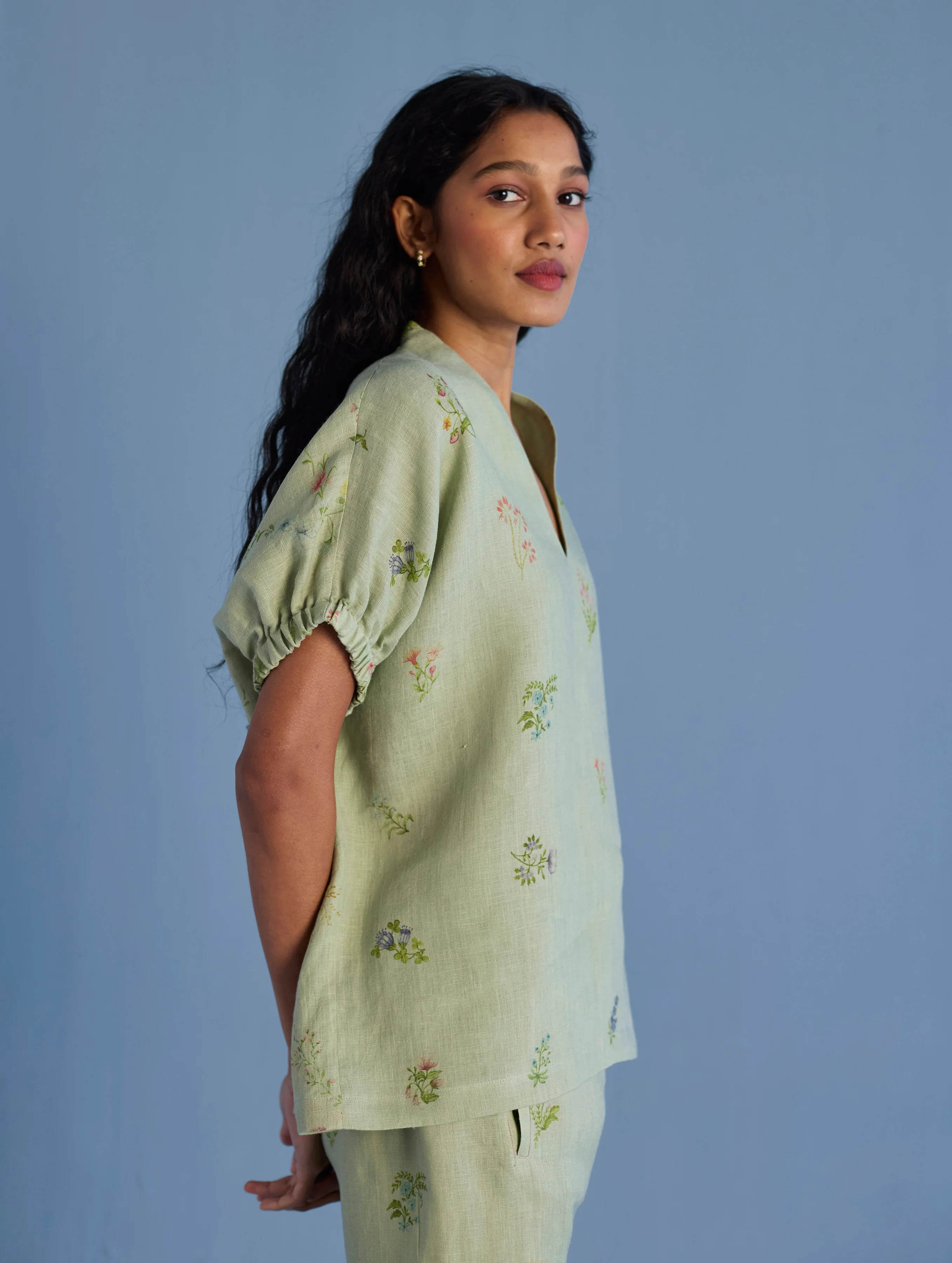 Mihen Elasticated Sleeve Linen Top - Mint - Image 4