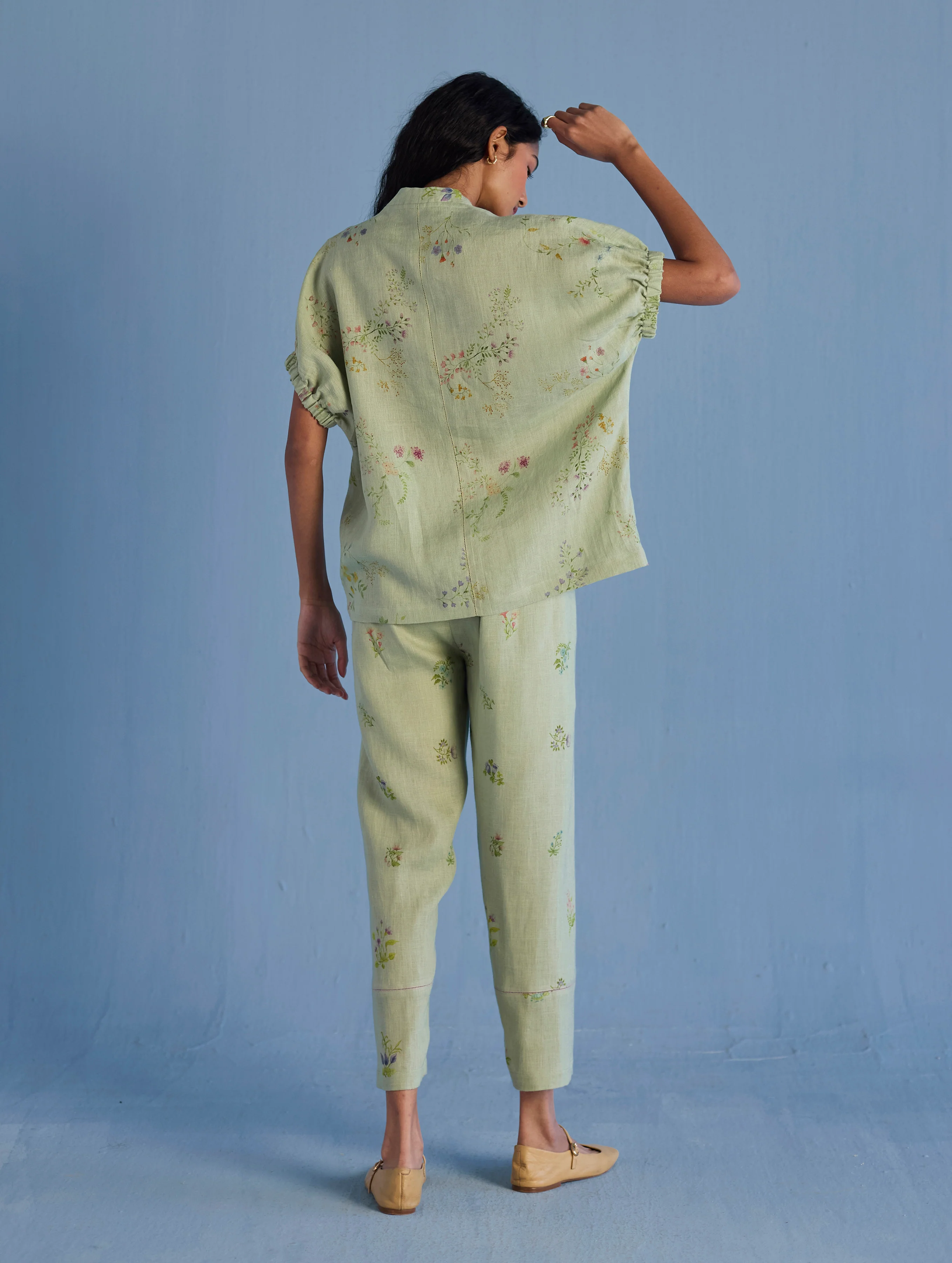 Mihen Elasticated Sleeve Linen Top - Mint - Image 5