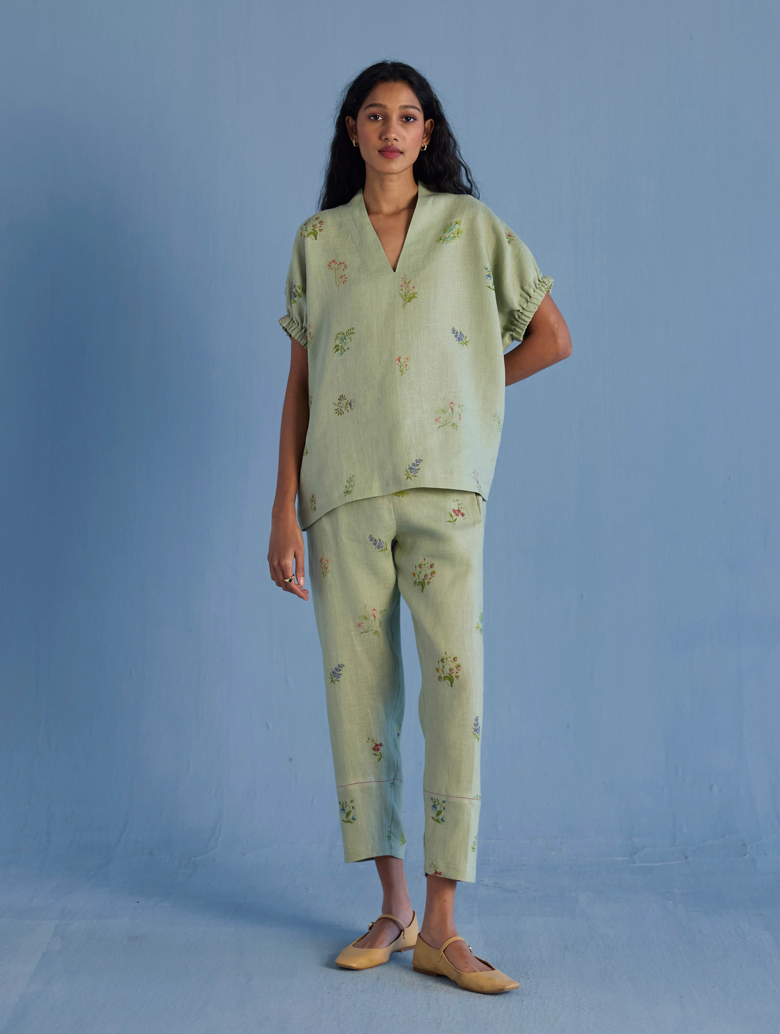 Mihen Elasticated Sleeve Linen Top - Mint - Image 6