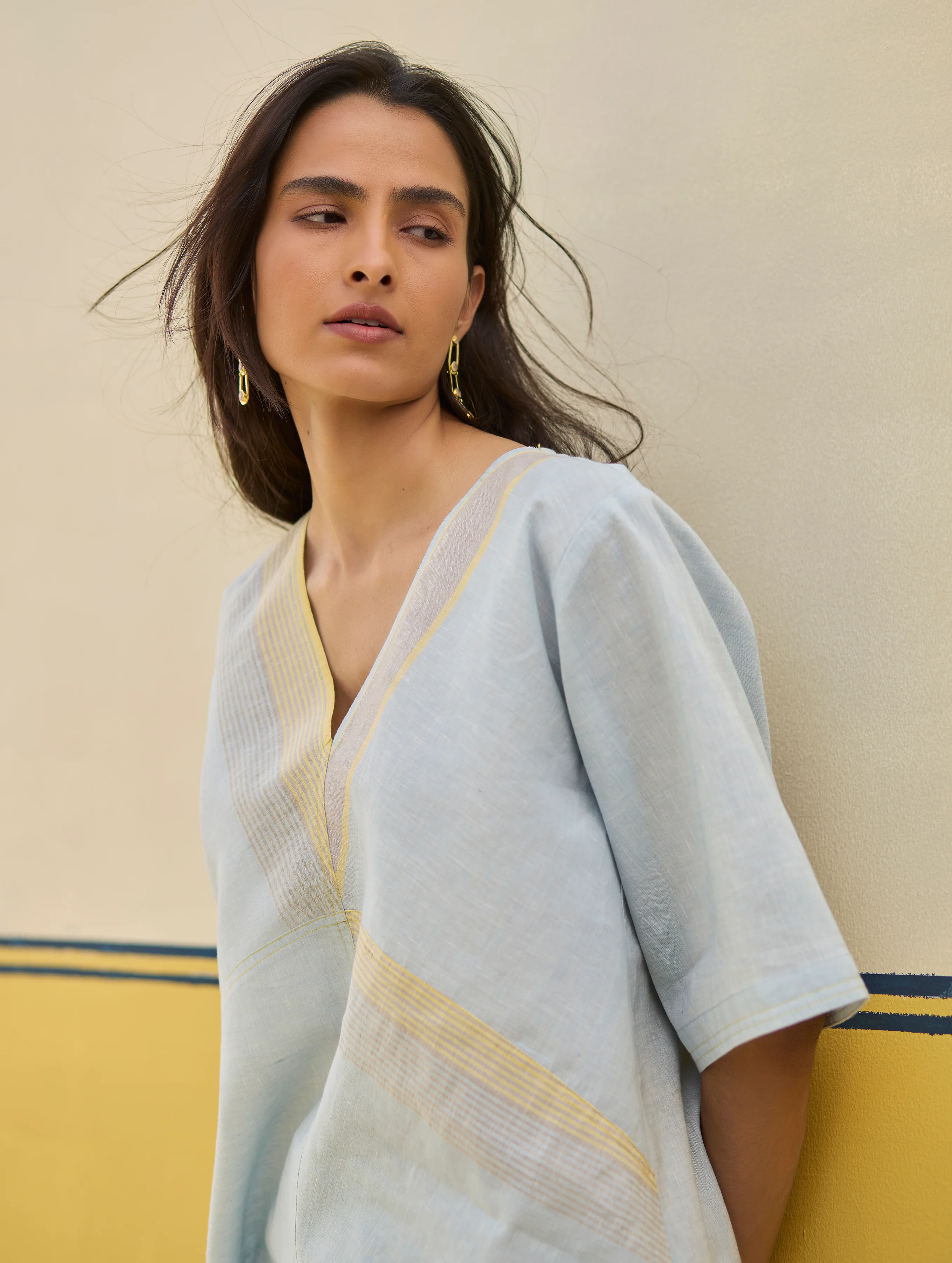 Moriko Border Linen Top - Sky - Image 2