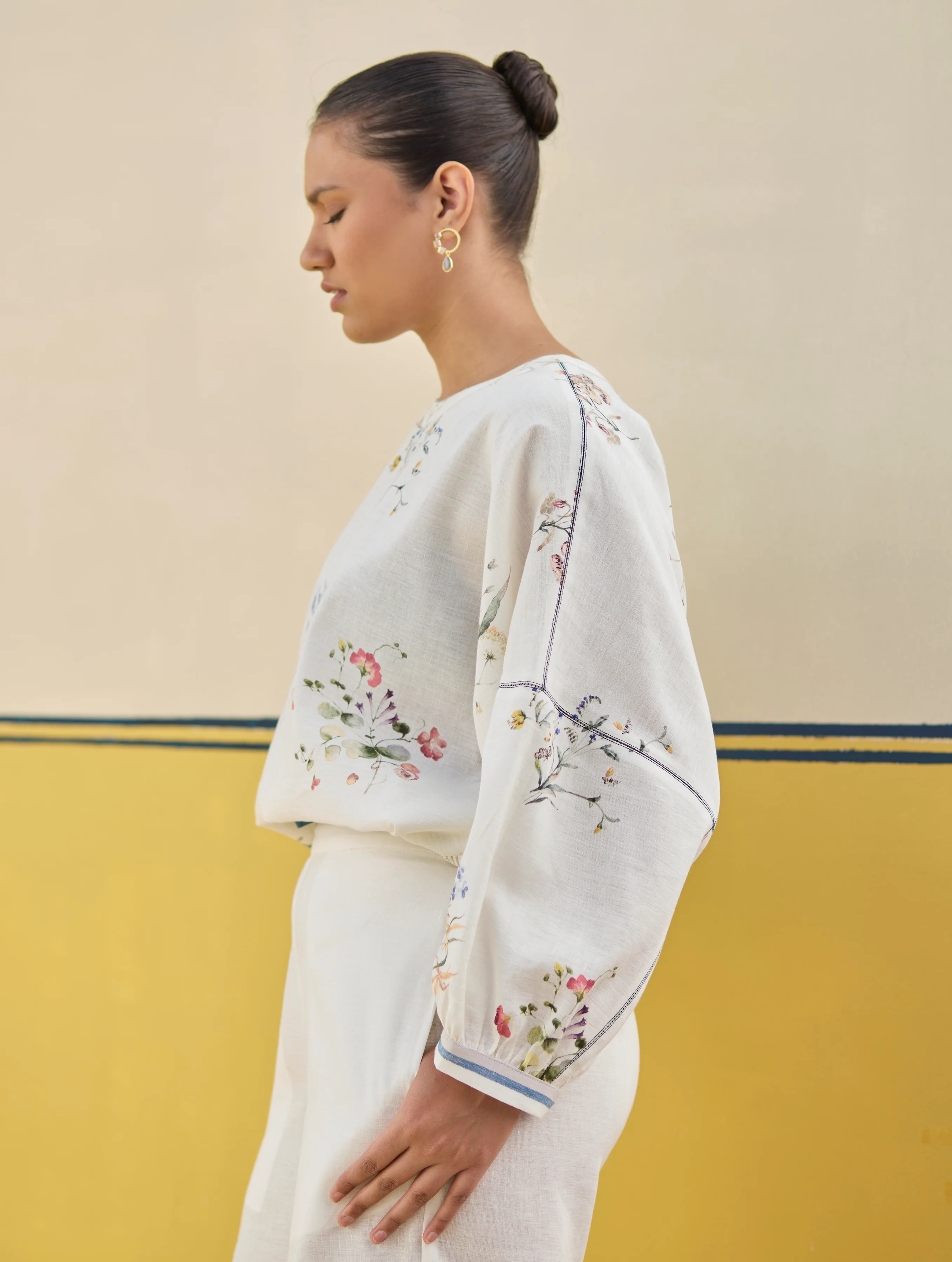 Myra Watercolor Floral Top - Ivory - Image 6