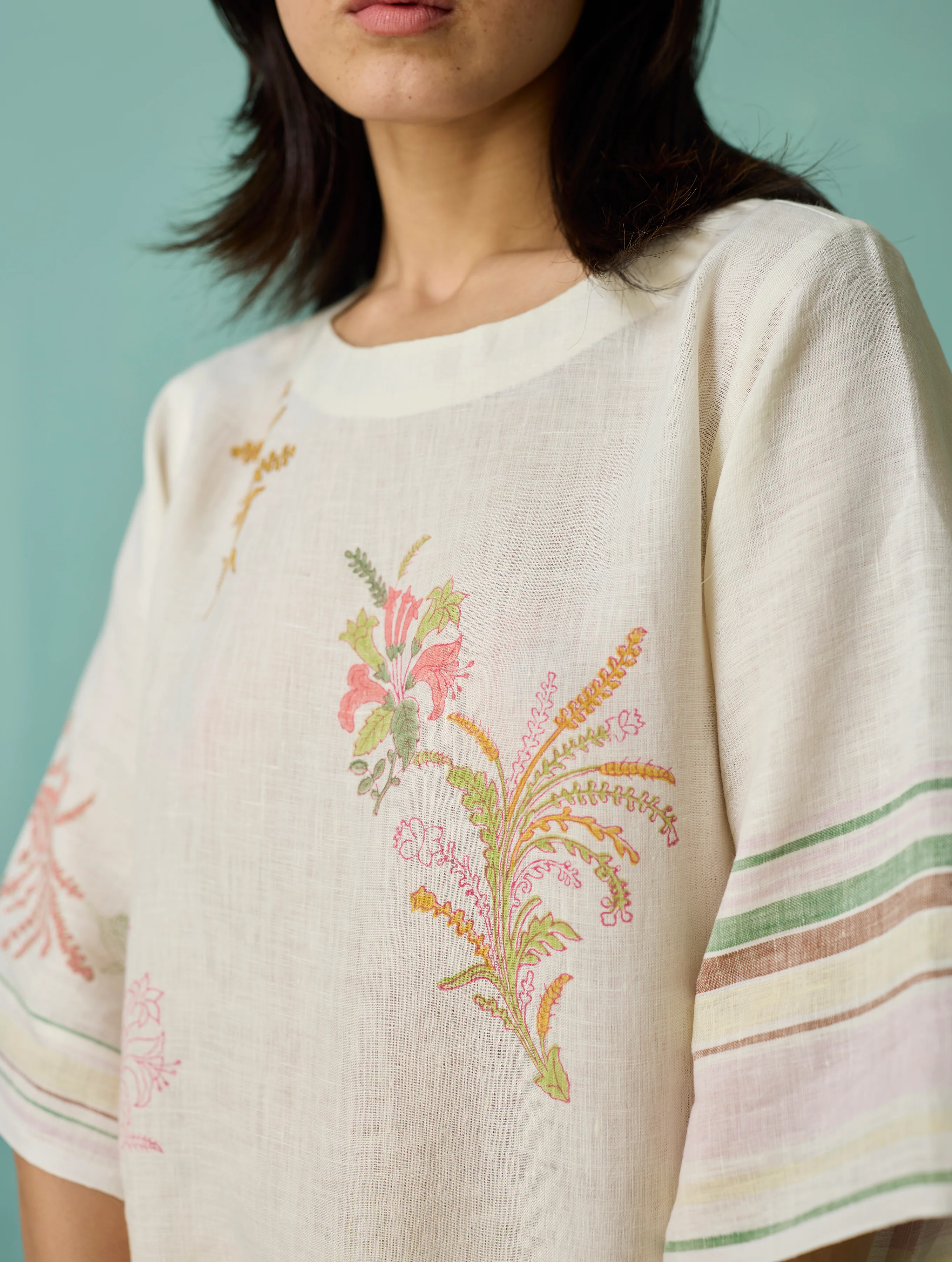 Nami Floral Block-Printed Curved Hem Kurta Set - Ivory - Image 11