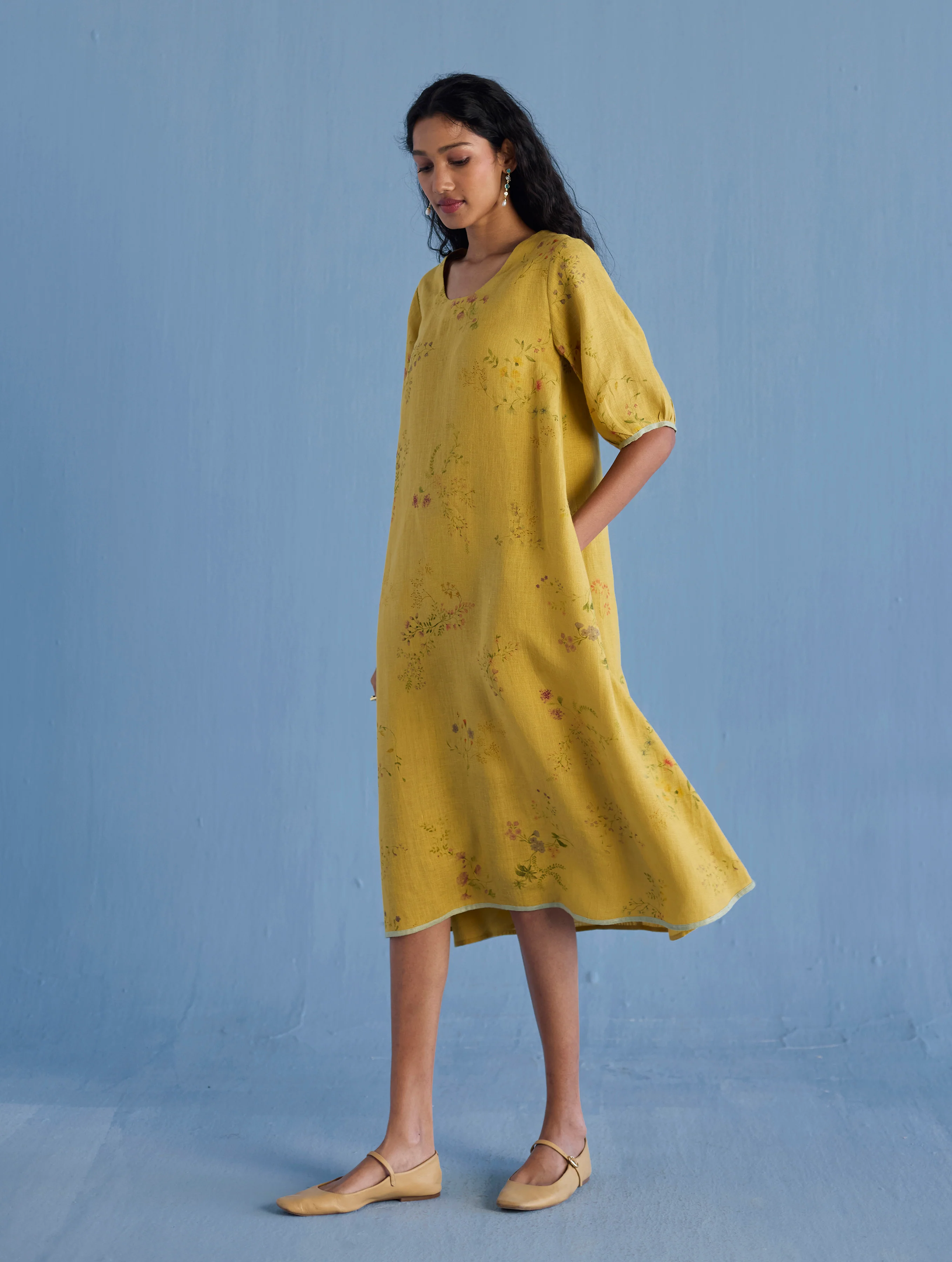 Nami Floral Printed Linen Dress - Ochre - Image 10