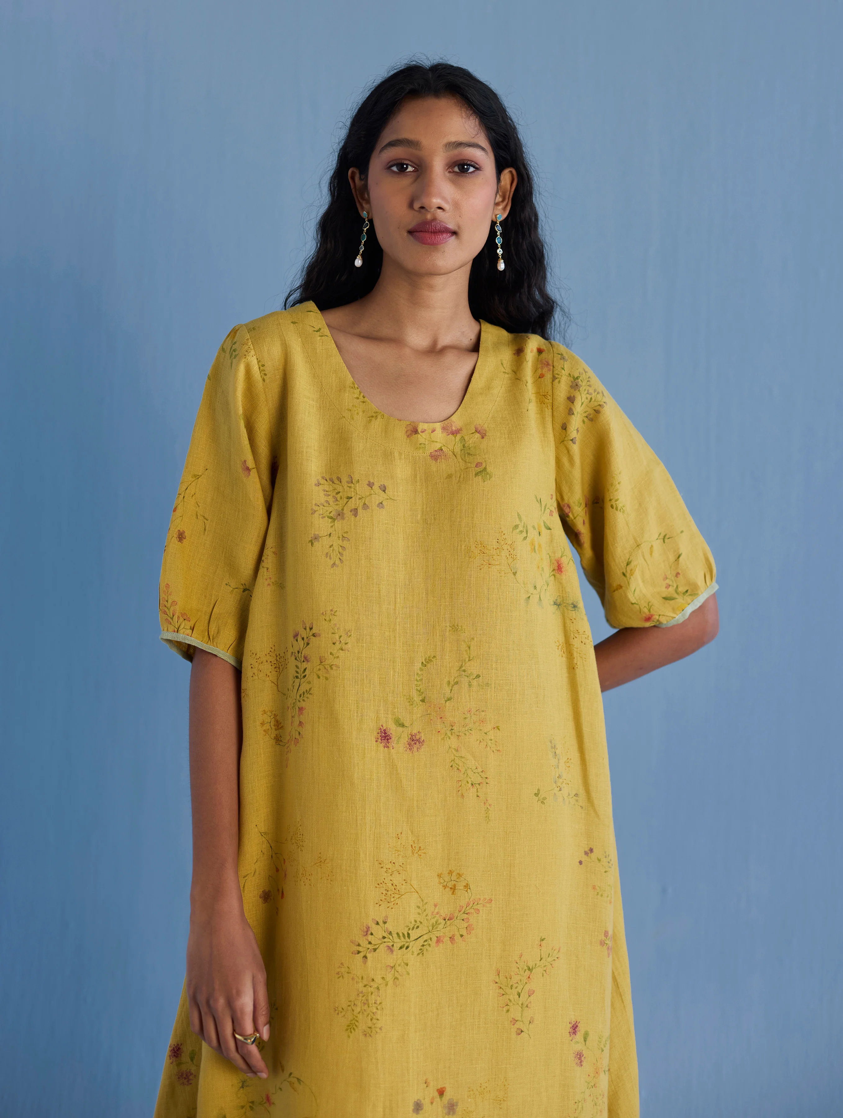 Nami Floral Printed Linen Dress - Ochre - Image 3