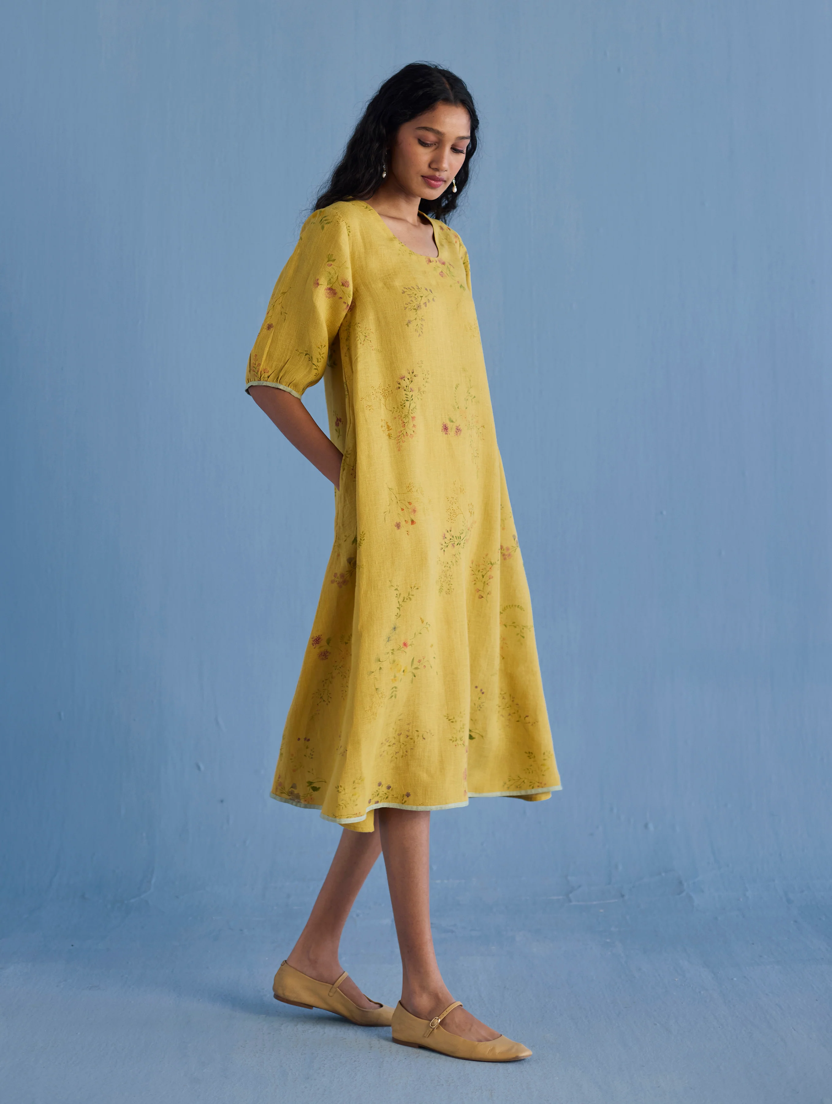 Nami Floral Printed Linen Dress - Ochre - Image 4