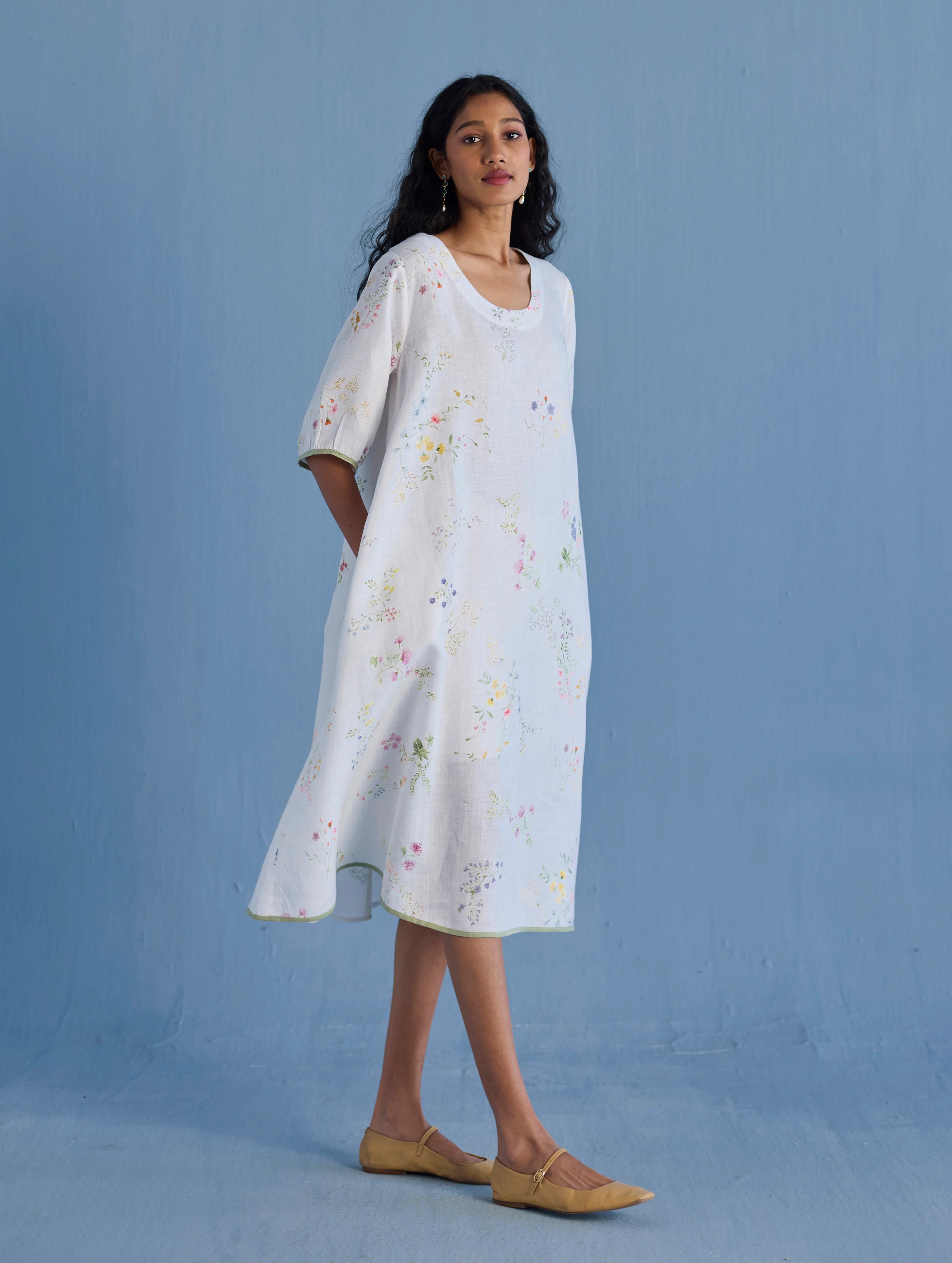 Nami Floral Printed Linen Dress - White - Image 8