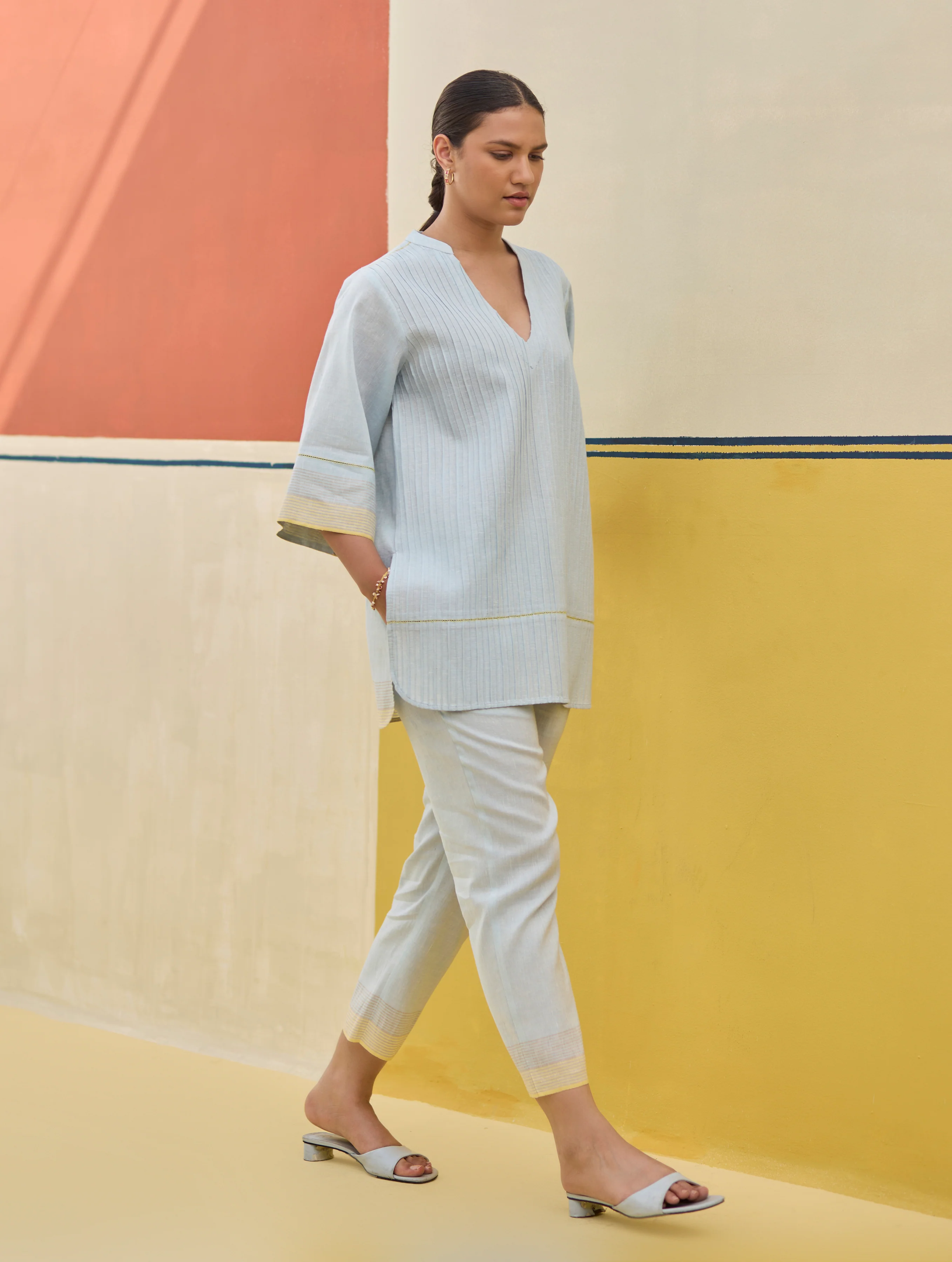 Neri Pintuck Border Linen Top - Sky - Image 2