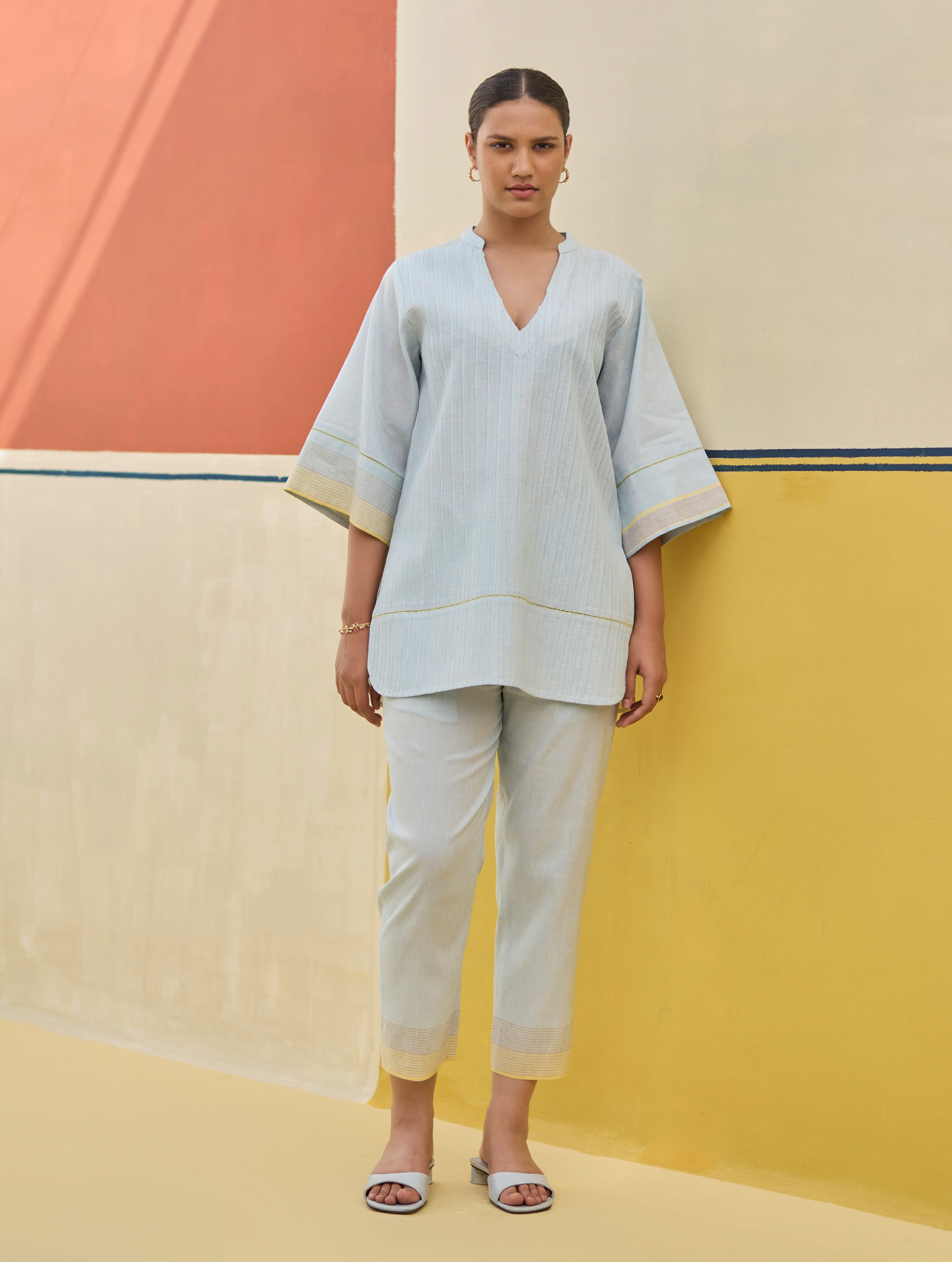 Neri Pintuck Border Linen Top - Sky - Image 5