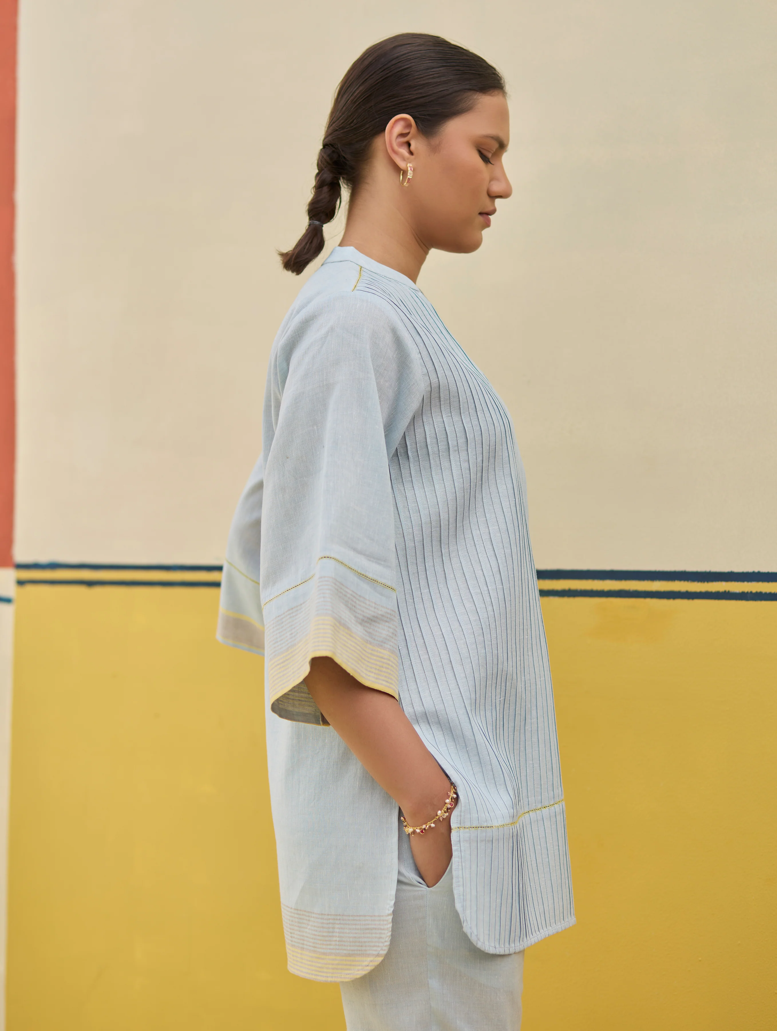 Neri Pintuck Border Linen Top - Sky - Image 6