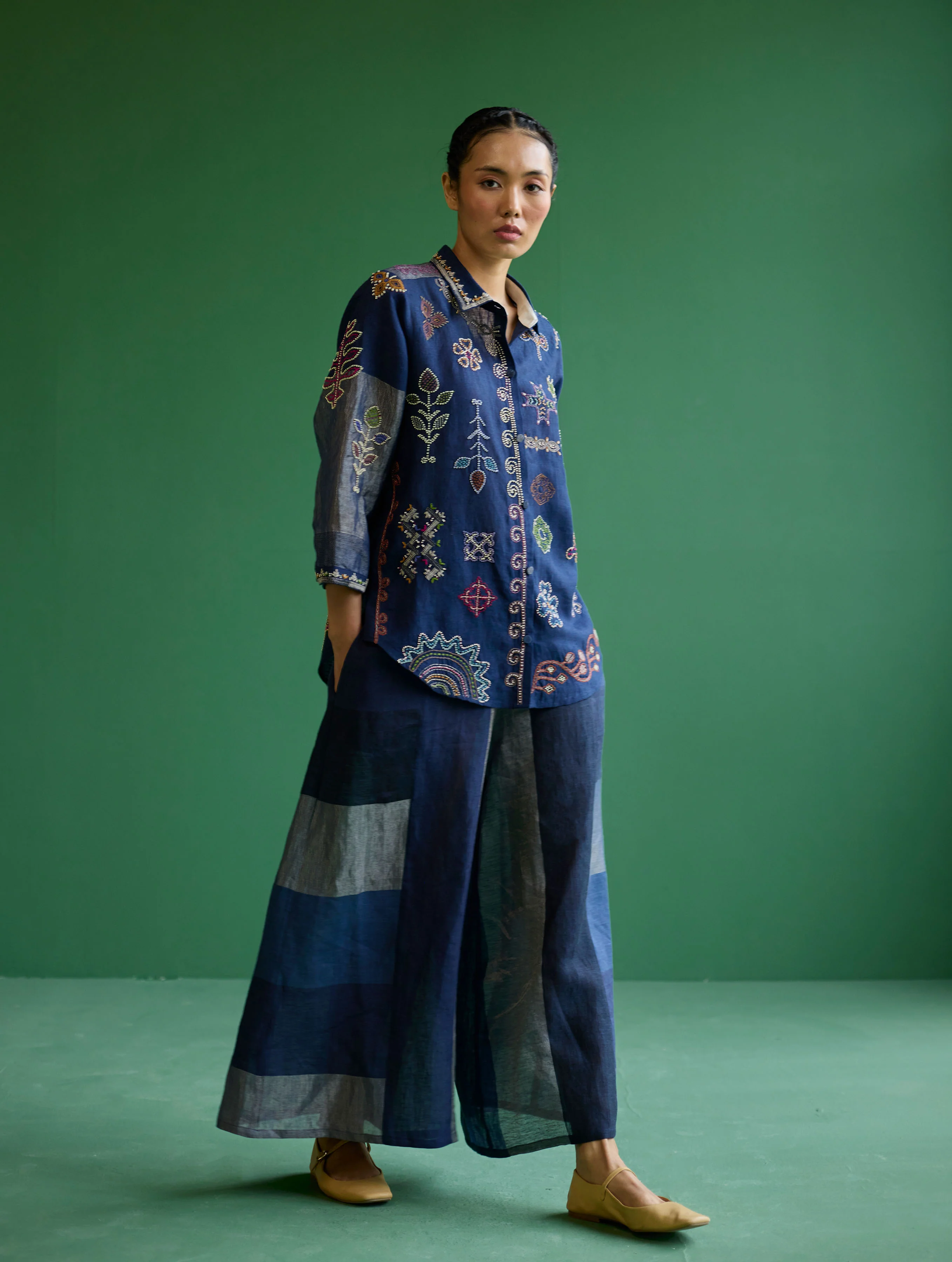 Nia Metallic Linen Culottes - Navy - Image 7