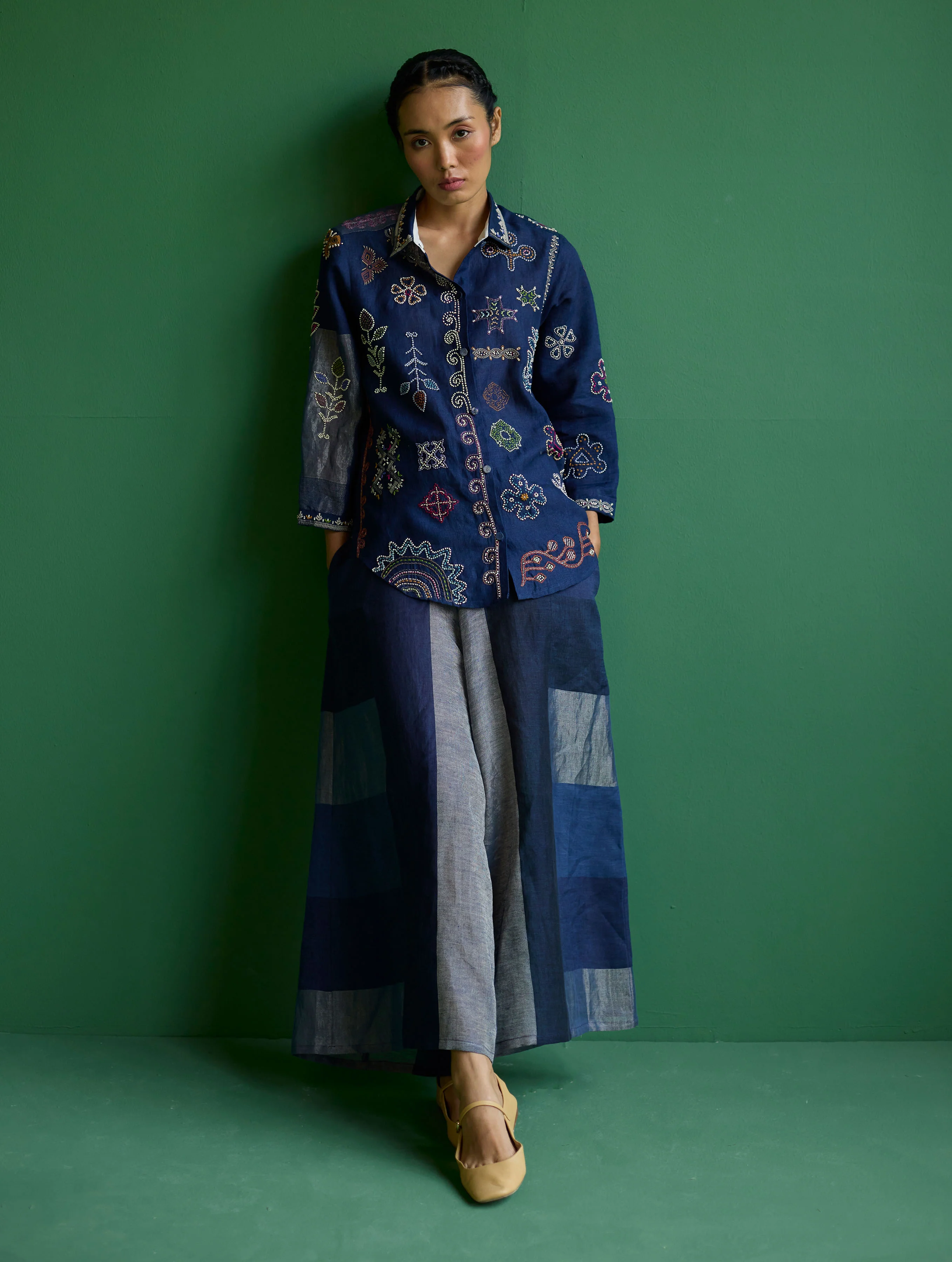 Nia Metallic Linen Culottes - Navy - Image 8
