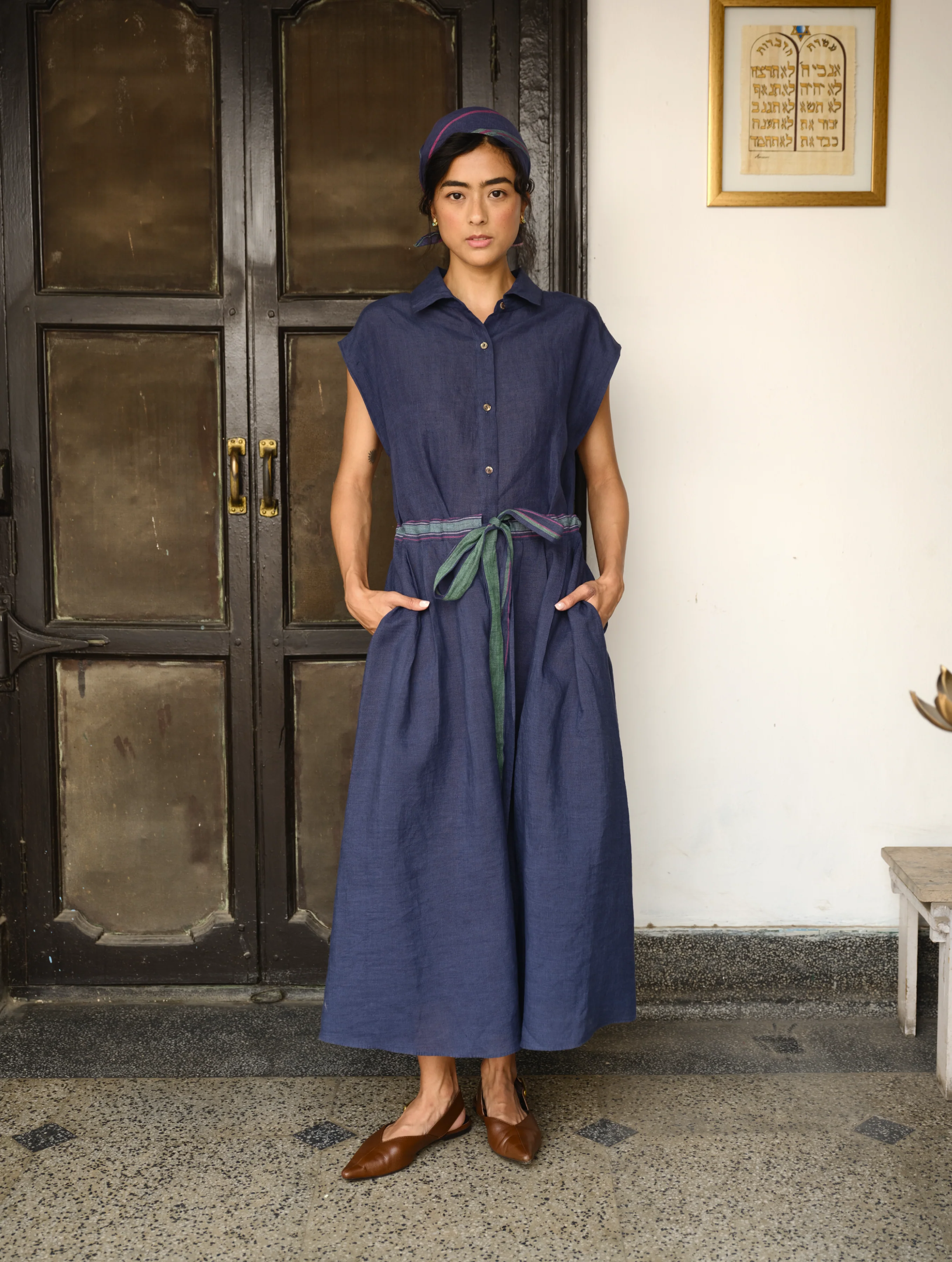 Nika Pleated Linen Wrap Dress - Indigo - Image 2