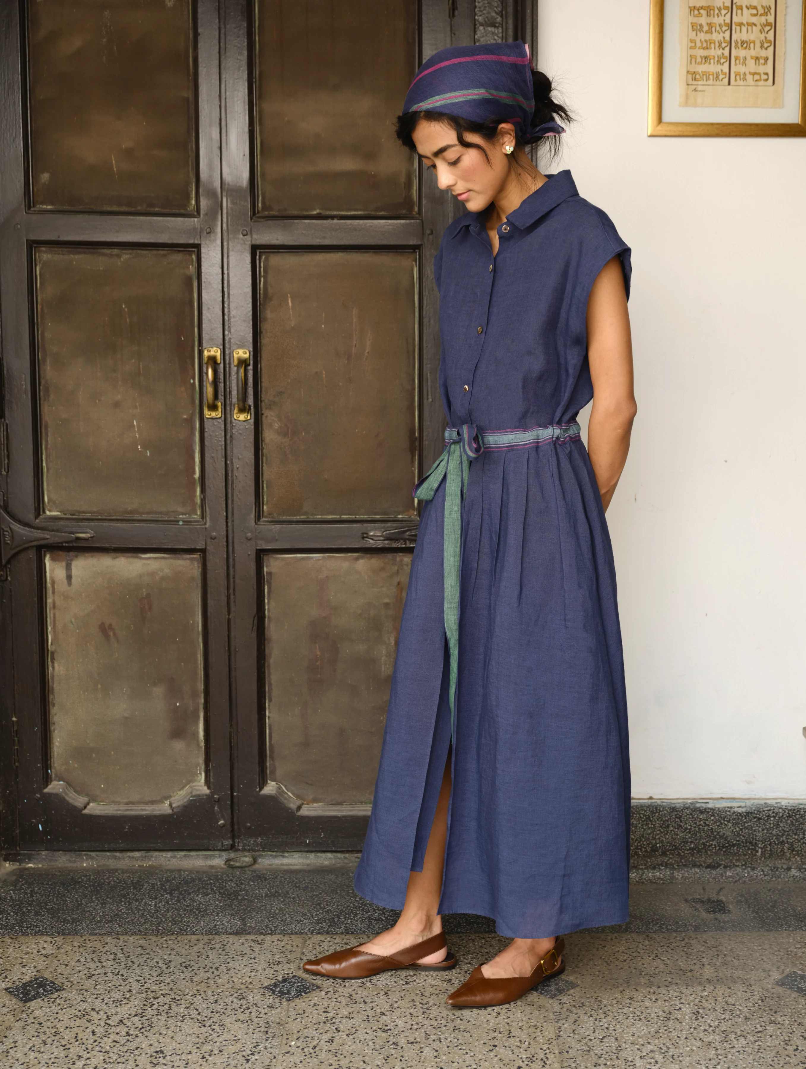 Nika Pleated Linen Wrap Dress - Indigo - Image 3