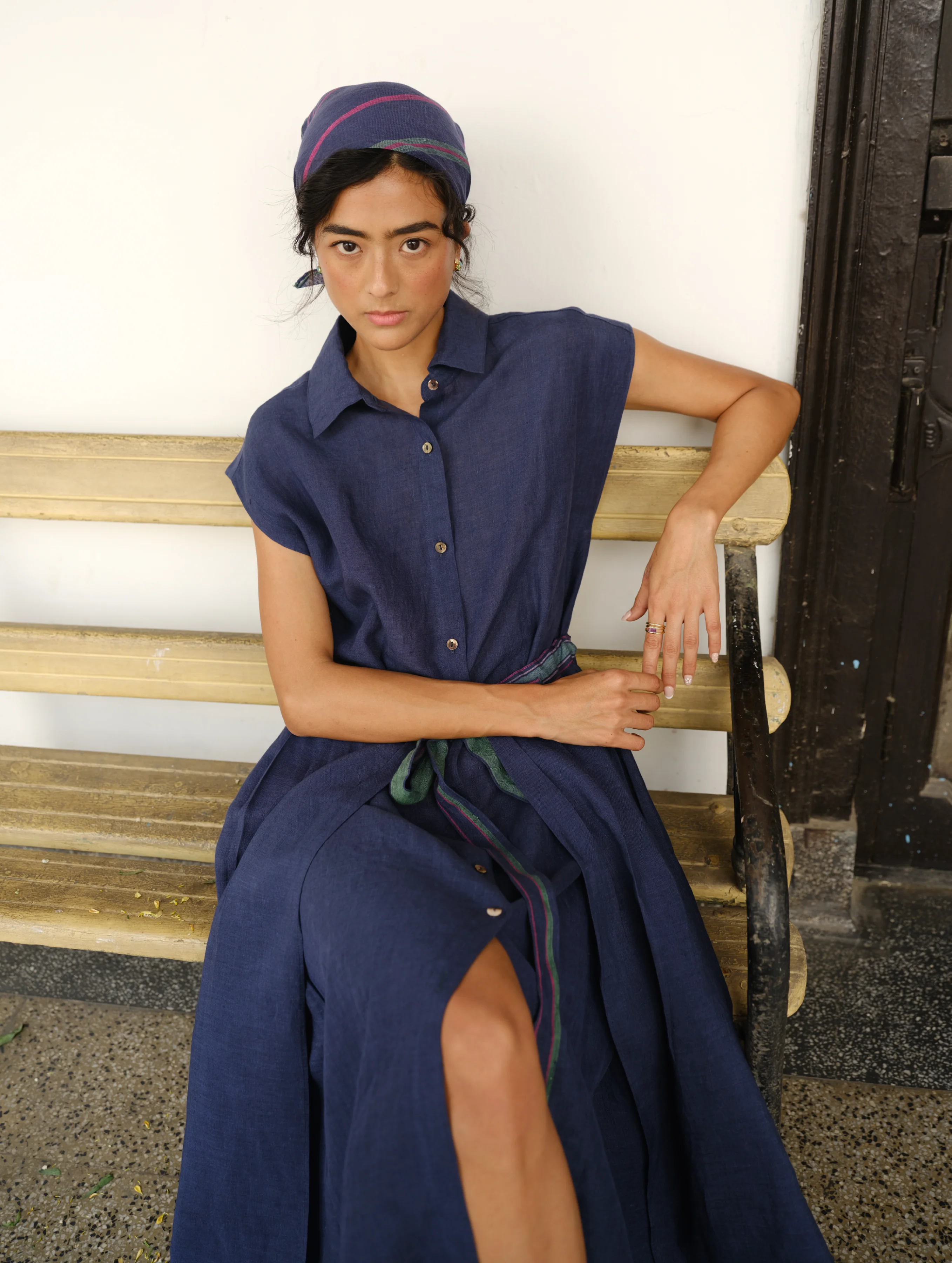 Nika Pleated Linen Wrap Dress - Indigo - Image 4