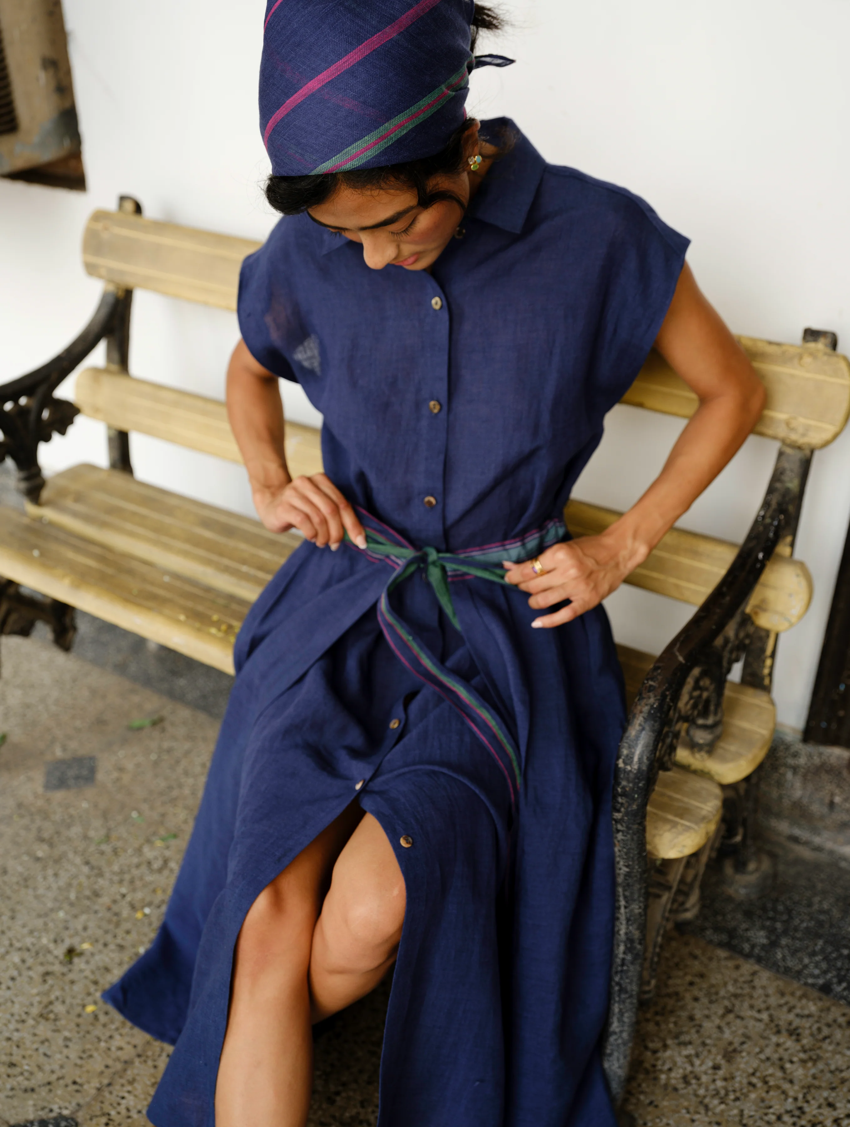 Nika Pleated Linen Wrap Dress - Indigo - Image 5