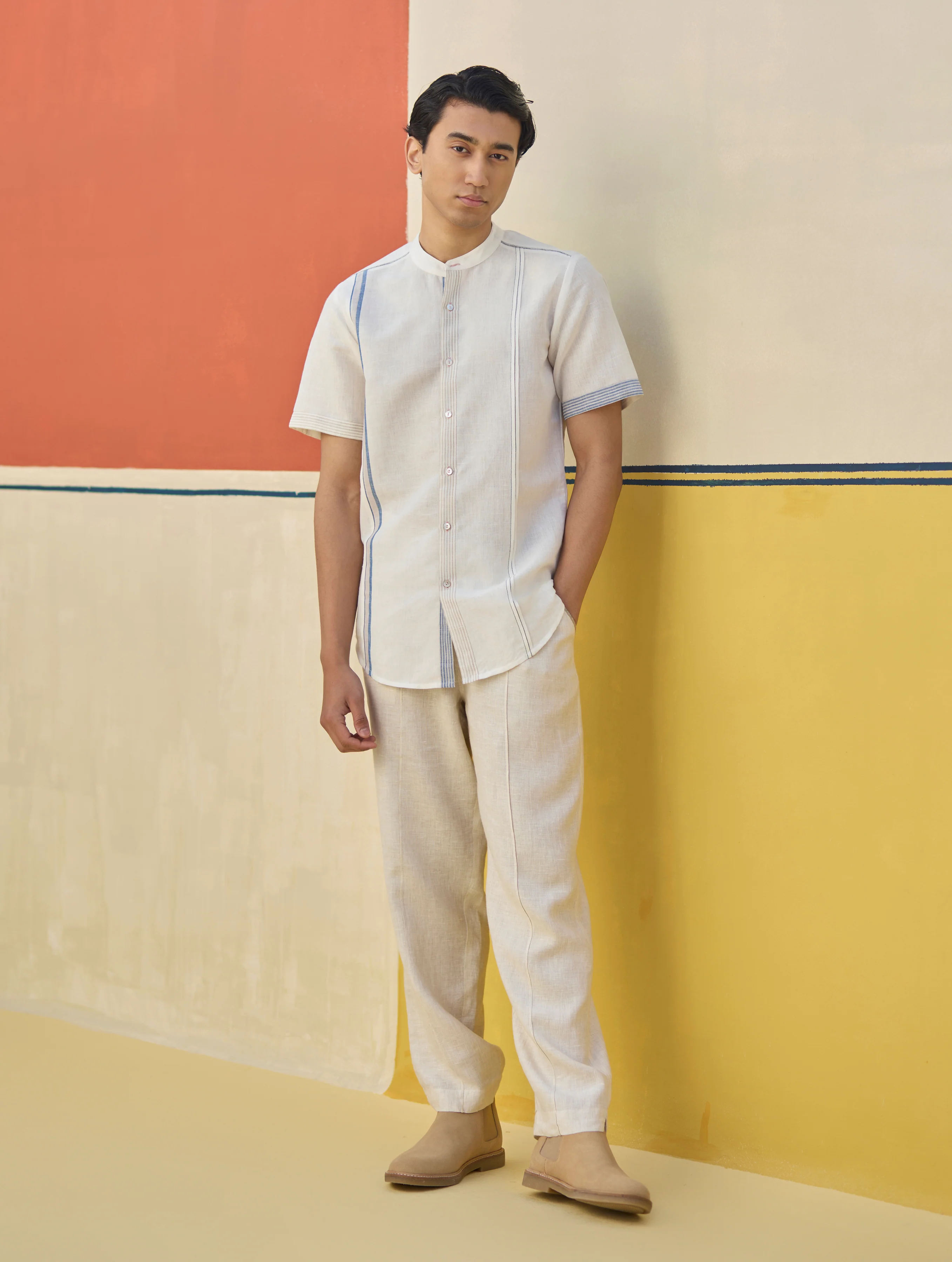 Niko Border Linen Shirt - Ivory - Image 4