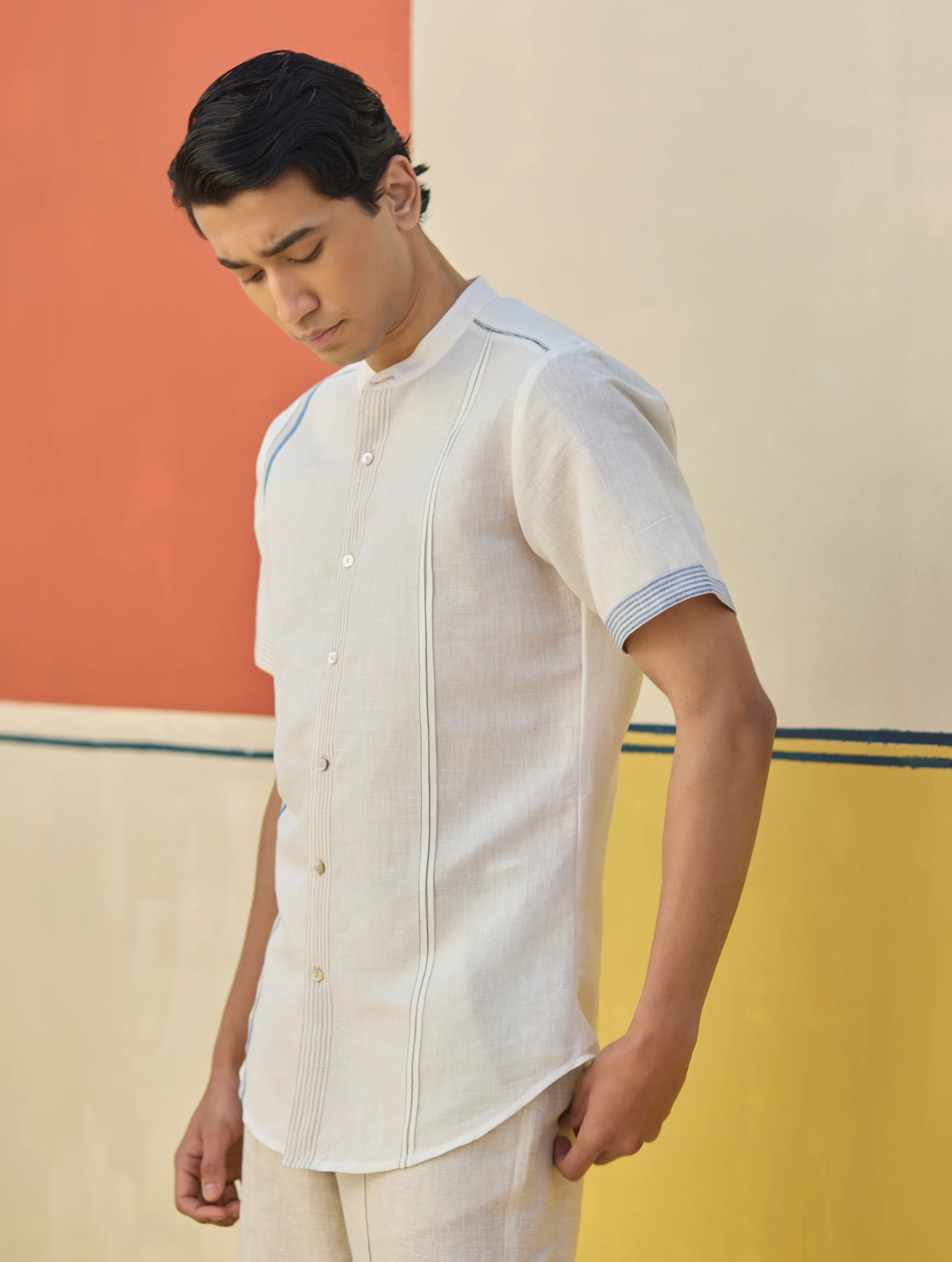 Niko Border Linen Shirt - Ivory - Image 7