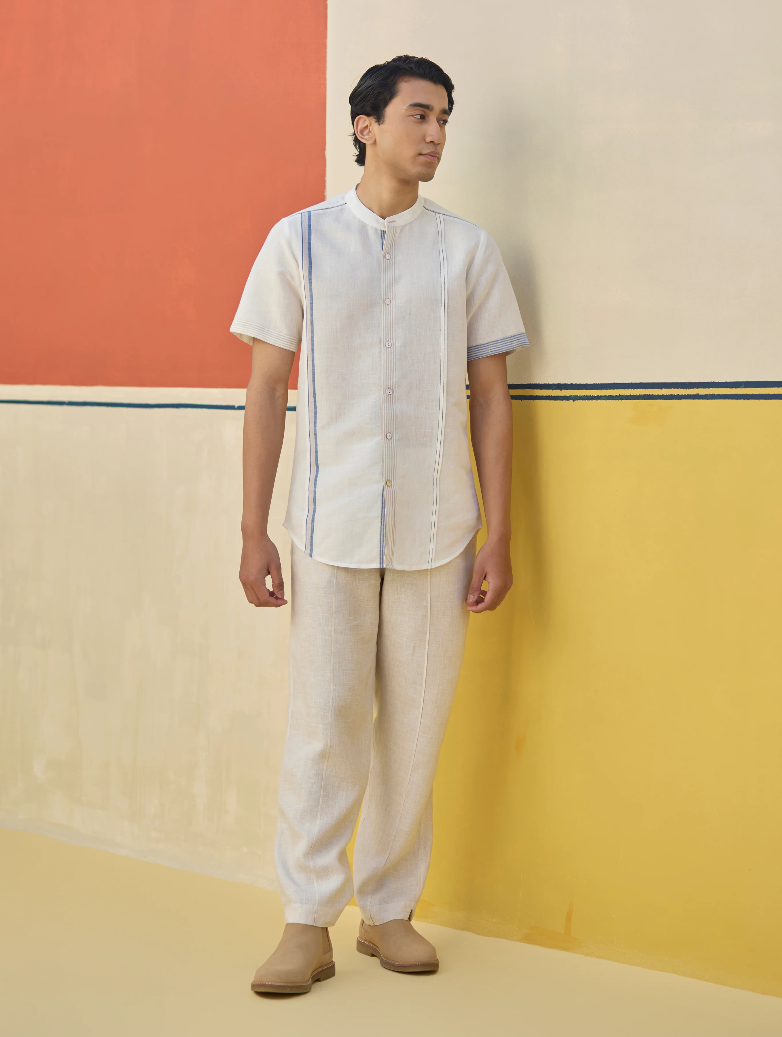 Niko Border Linen Shirt - Ivory - Image 9