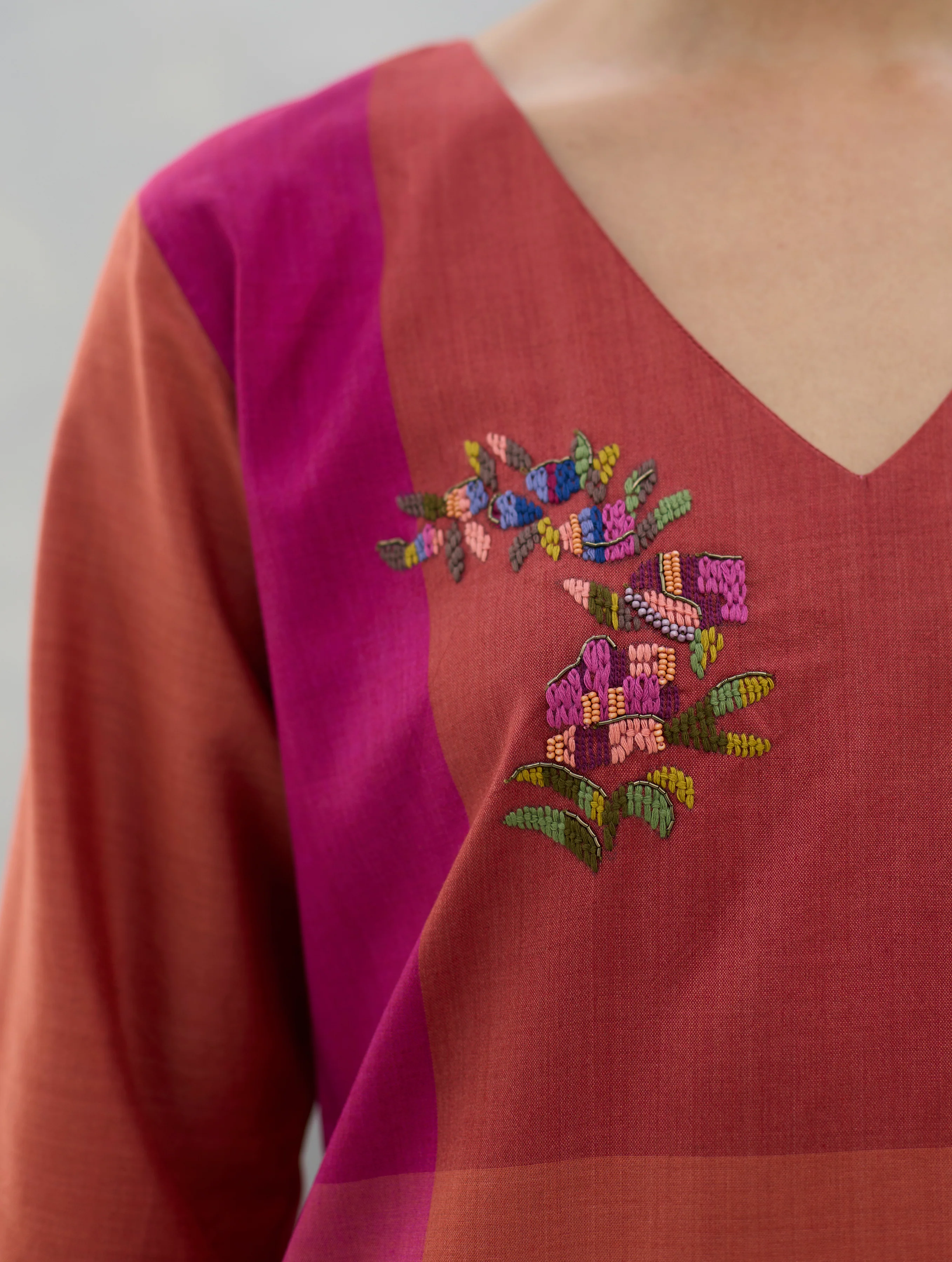 Nira Hand-Embroidered Eri Silk Kurta -  Rose - Image 3