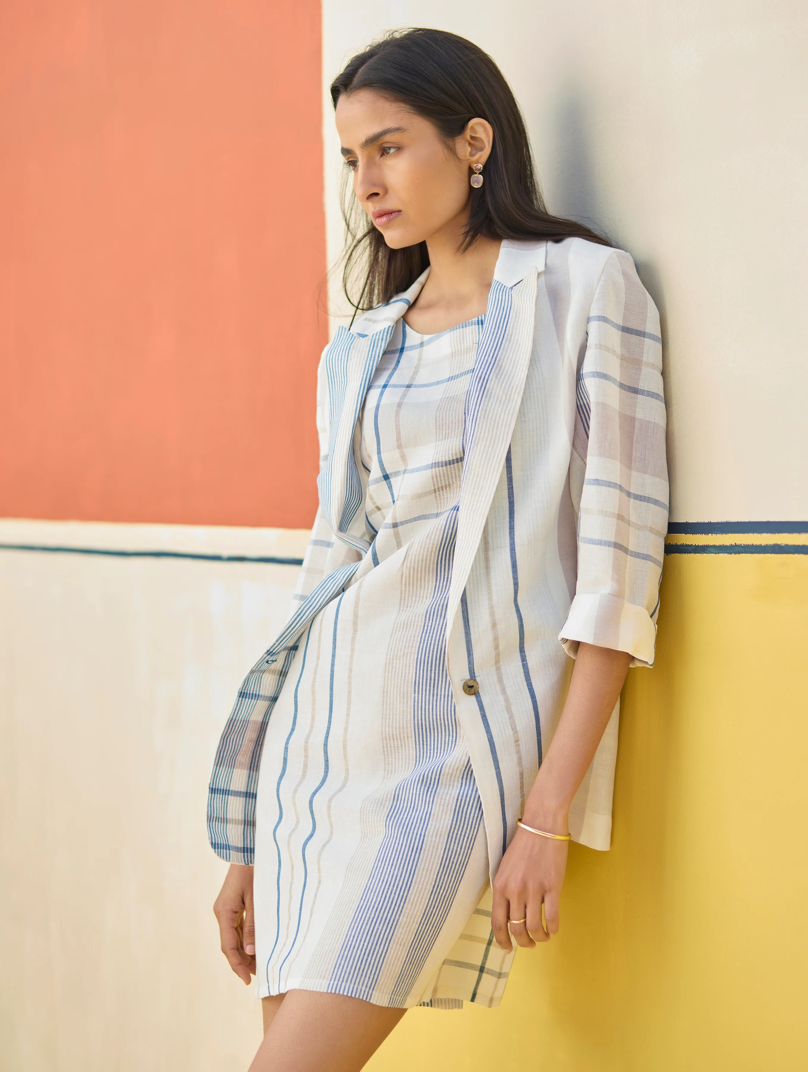 Nora Check Linen Shift Dress - Ivory - Image 2