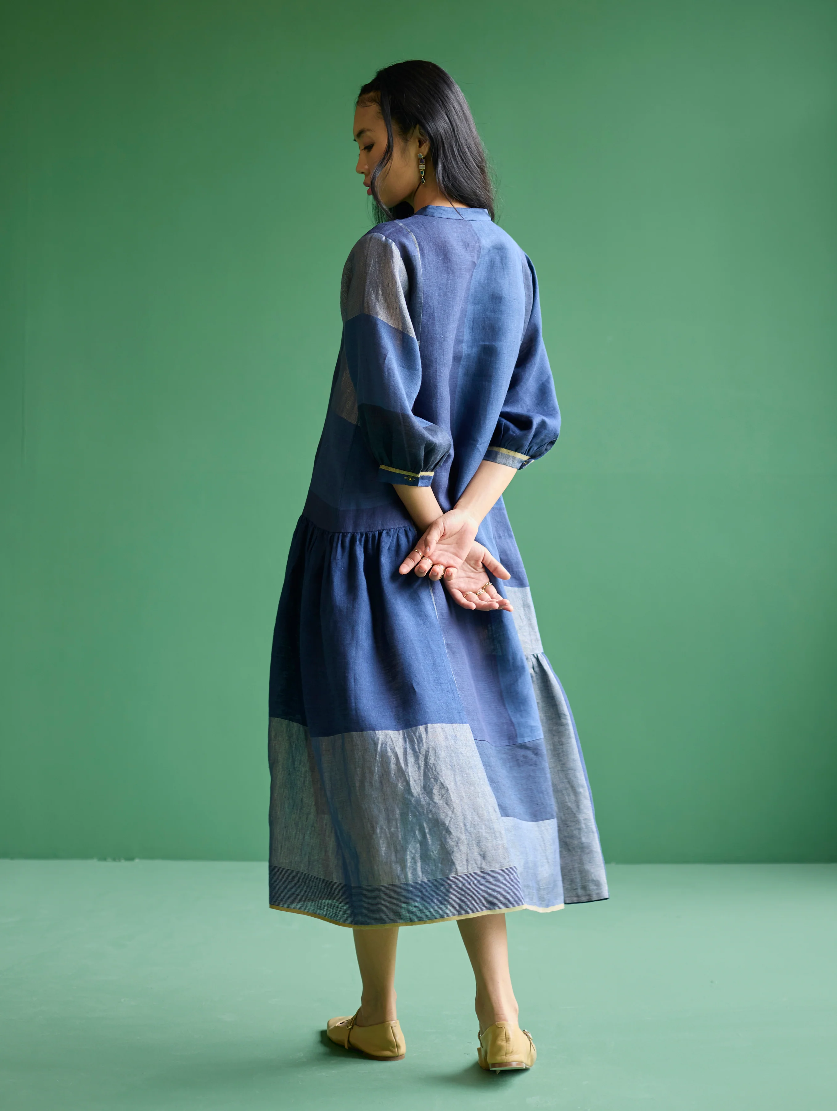 Nura Metallic Linen Paneled Dress - Navy - Image 3